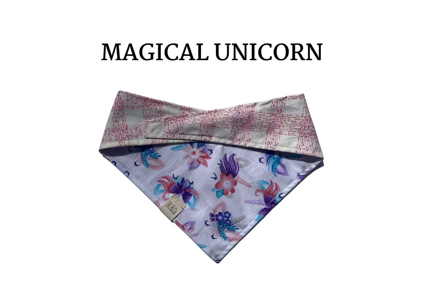 Sketched Pink Plaid + Floral Unicorns Reversible Tie/On Bandana