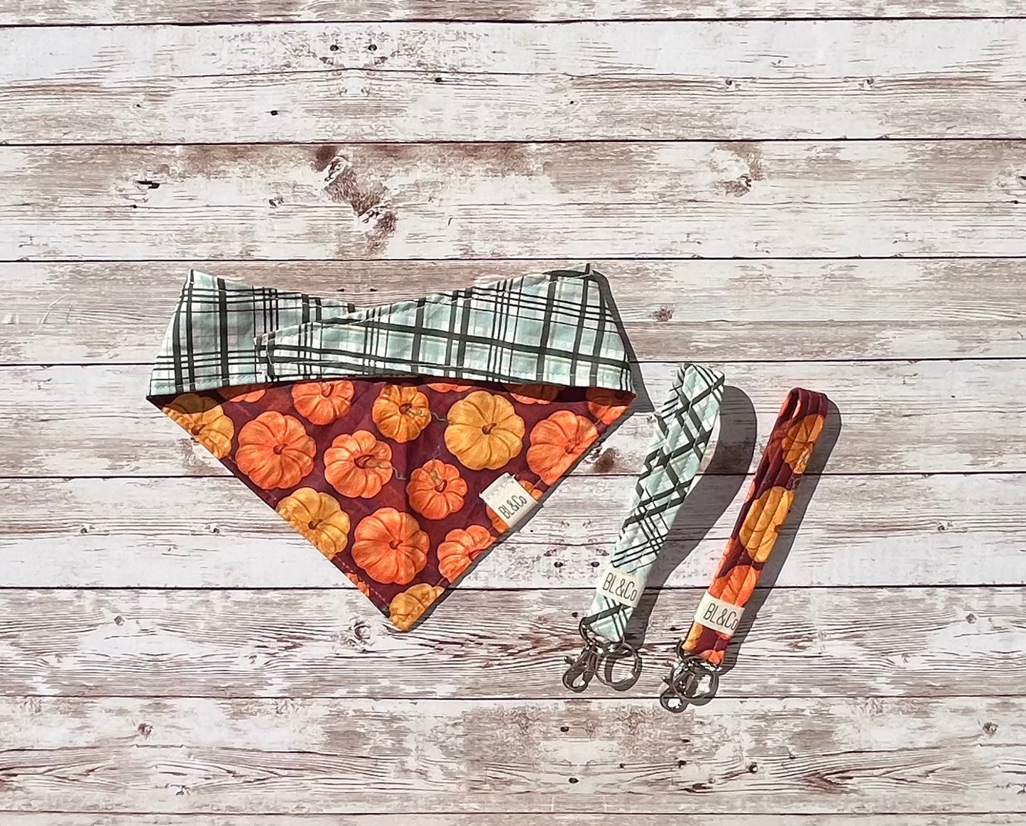 Pumpkins + Green Plaid Reversible Tie/On Bandana
