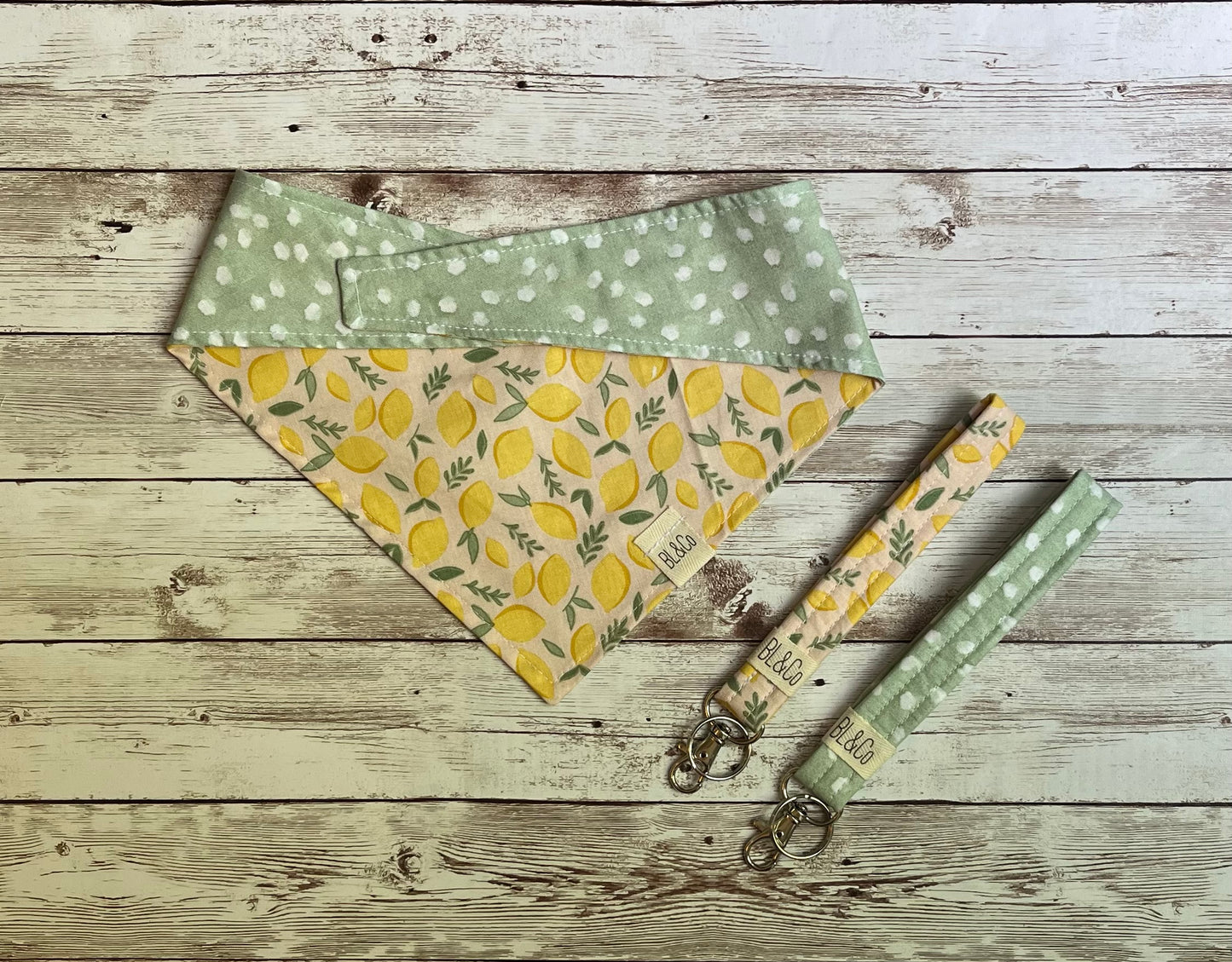 Neutral Lemons + Mint Polka Dot Reversible Tie/On Bandana