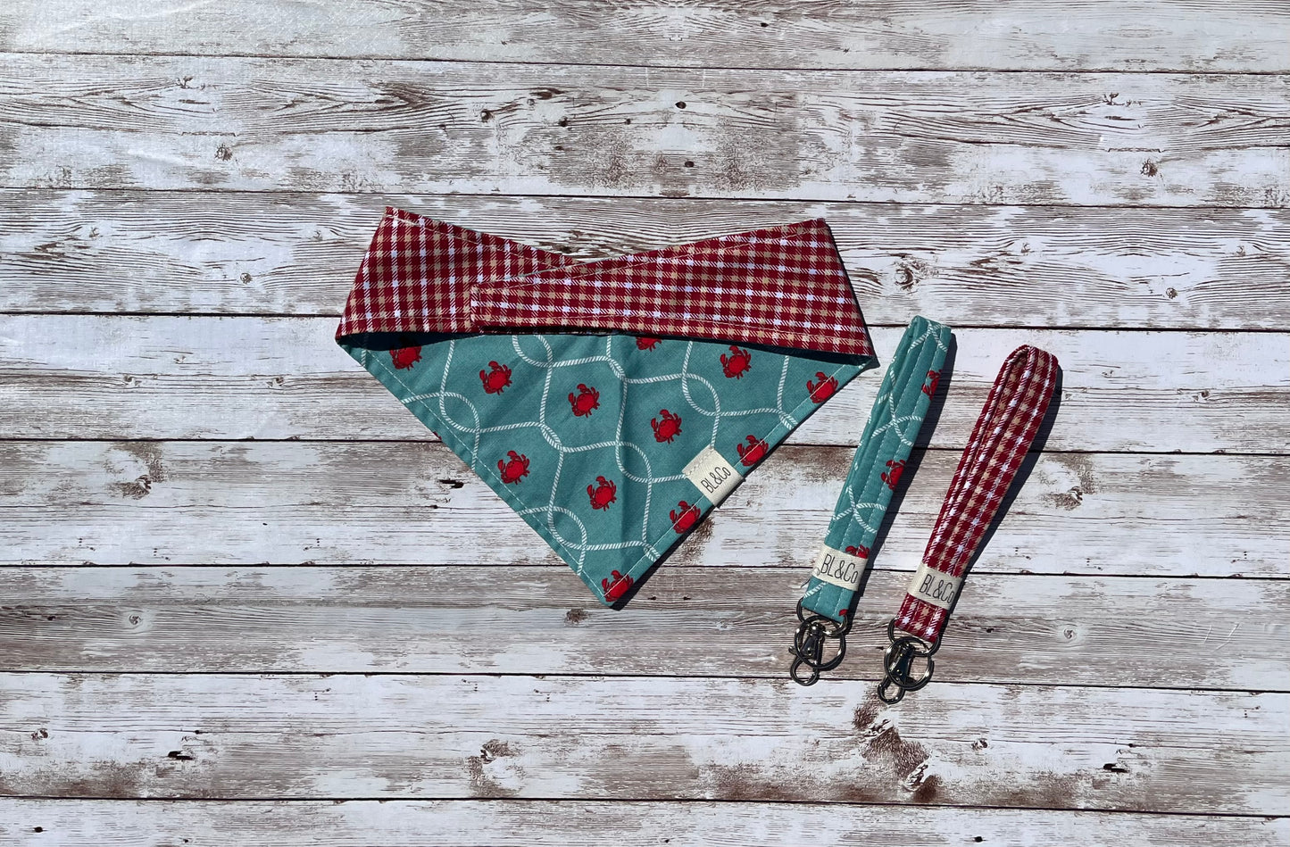 Crabs + Red, White Plaid Reversible Tie/On Bandana ‘