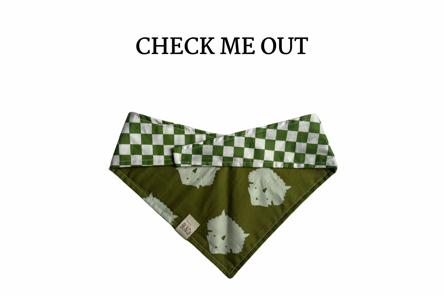 Olive Green Check + Triceratops Reversible Tie/On Bandana **