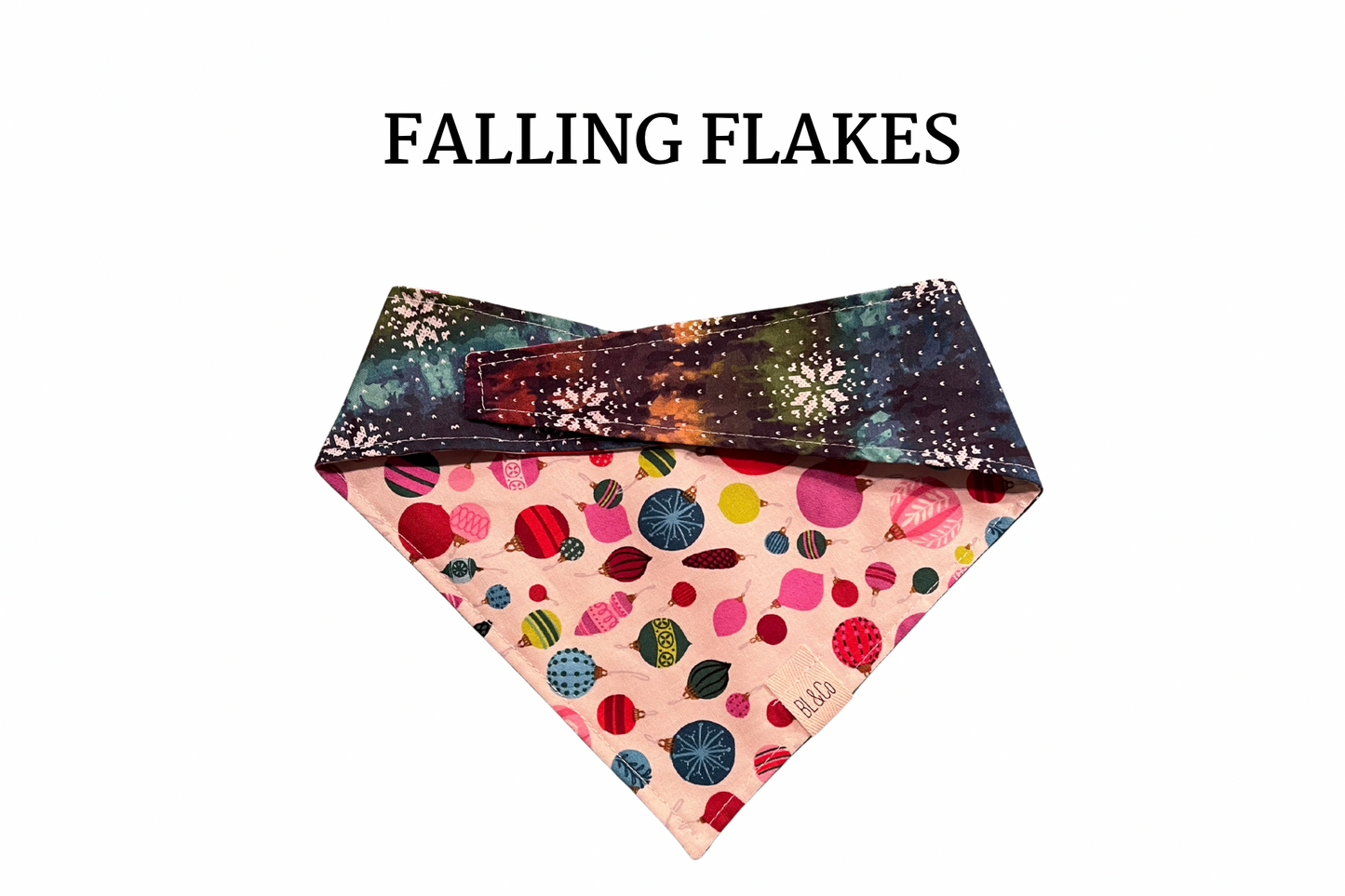 Snowflakes on Tie Dye + Colorful Ornaments Reversible Tie/On Bandana