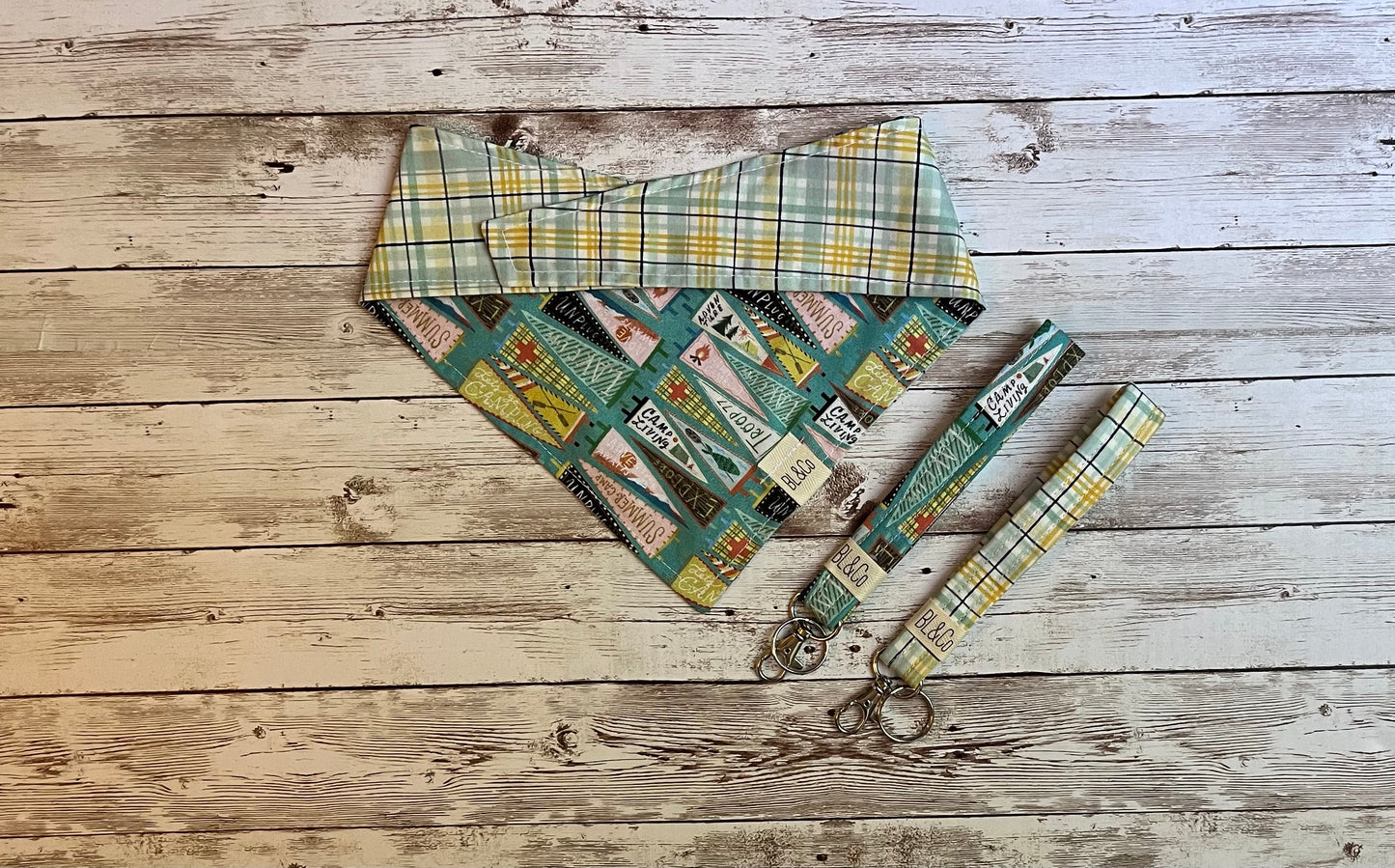 Camp Pennants + Yellow & Blue Plaid Reversible Tie/On Bandana