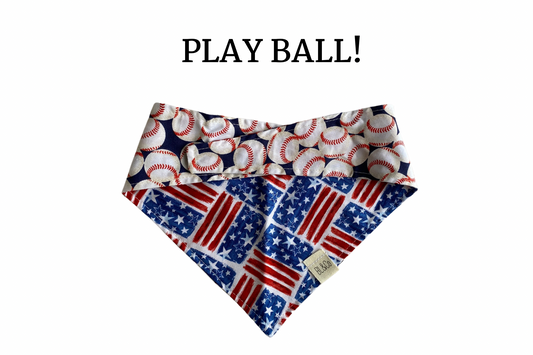Stripes & Stars with Red, White and Blue Baseballs Reversible Tie/On Bandana