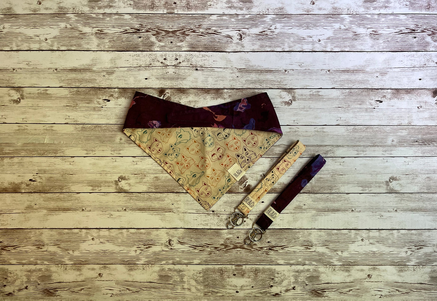 Raccoons, Wolves & Foxes + Burgundy Marble Reversible Tie/On Bandana ‘
