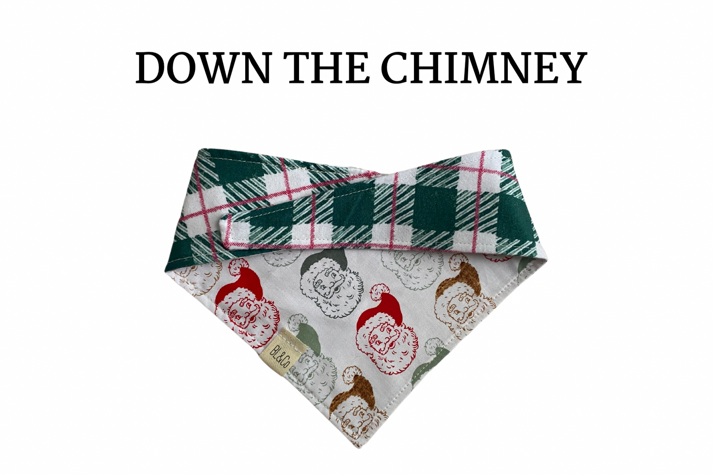 Green + Red Plaid Flannel & Vintage Santas Reversible Tie/On Bandana