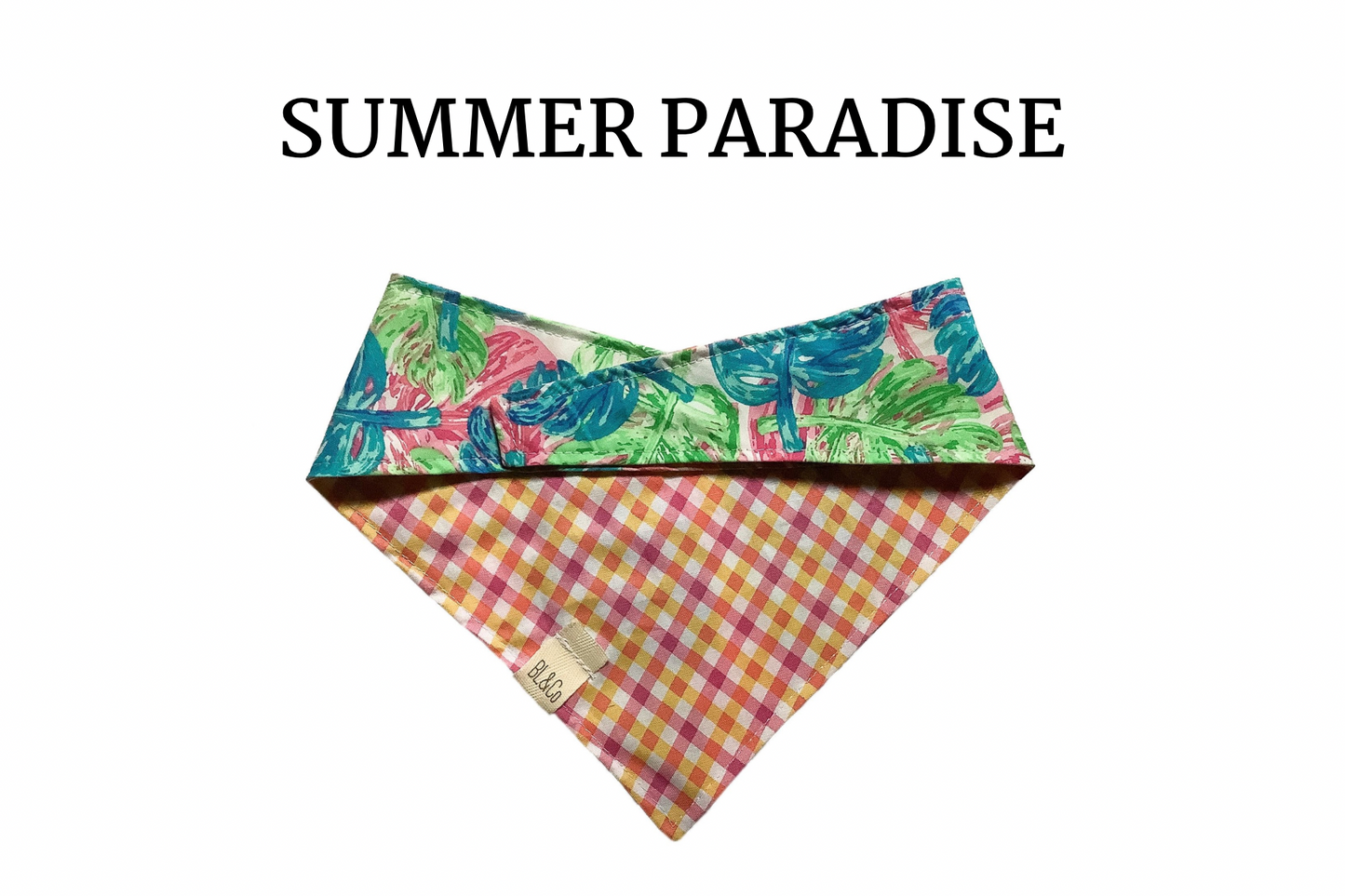 Pink Plaid & Tropical Leaves Reversible Tie/On Bandana