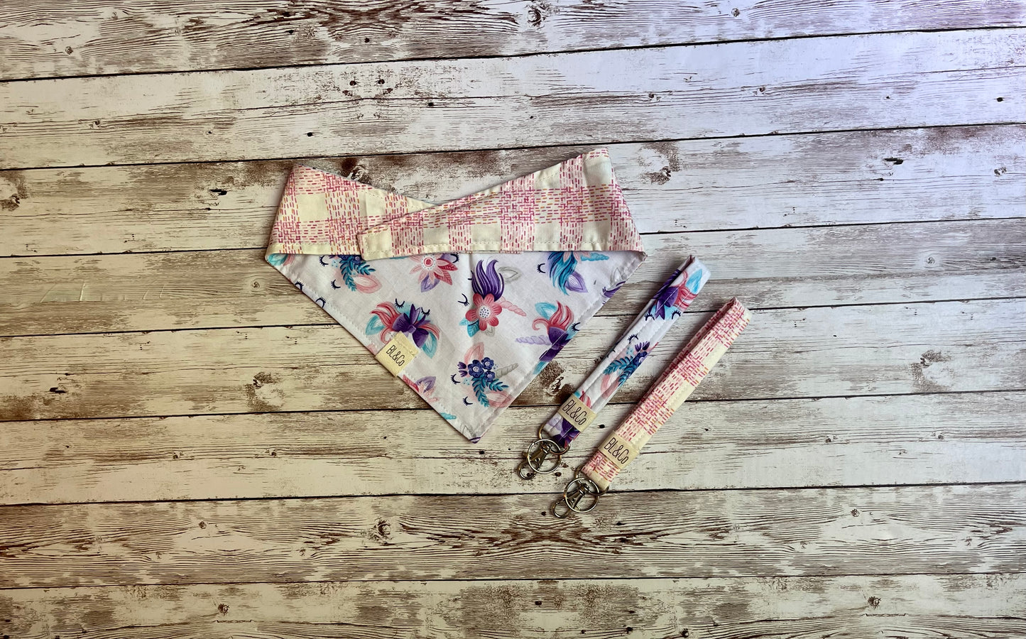 Sketched Pink Plaid + Floral Unicorns Reversible Tie/On Bandana