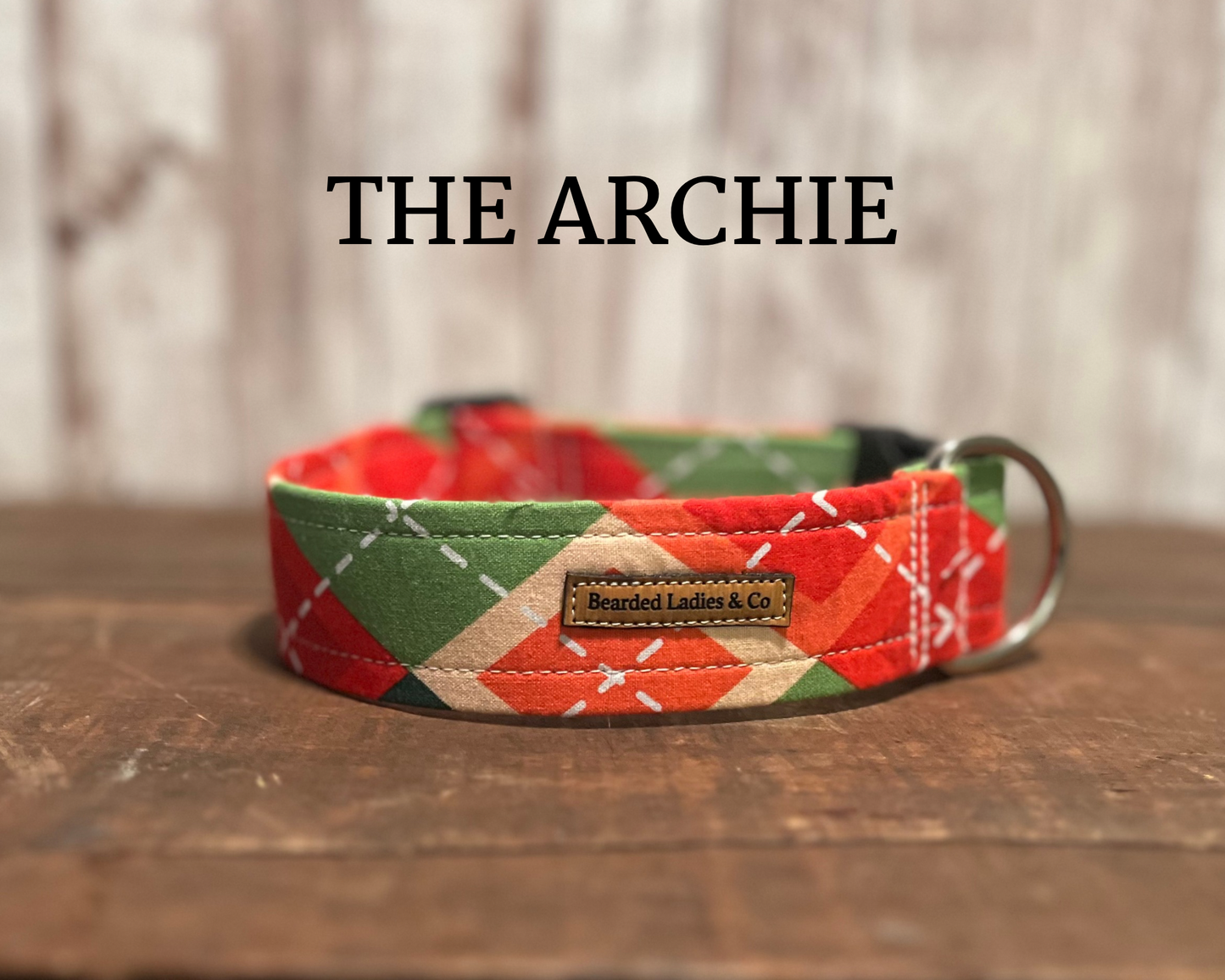 Green, Red + Peach Argyle Dog Collar