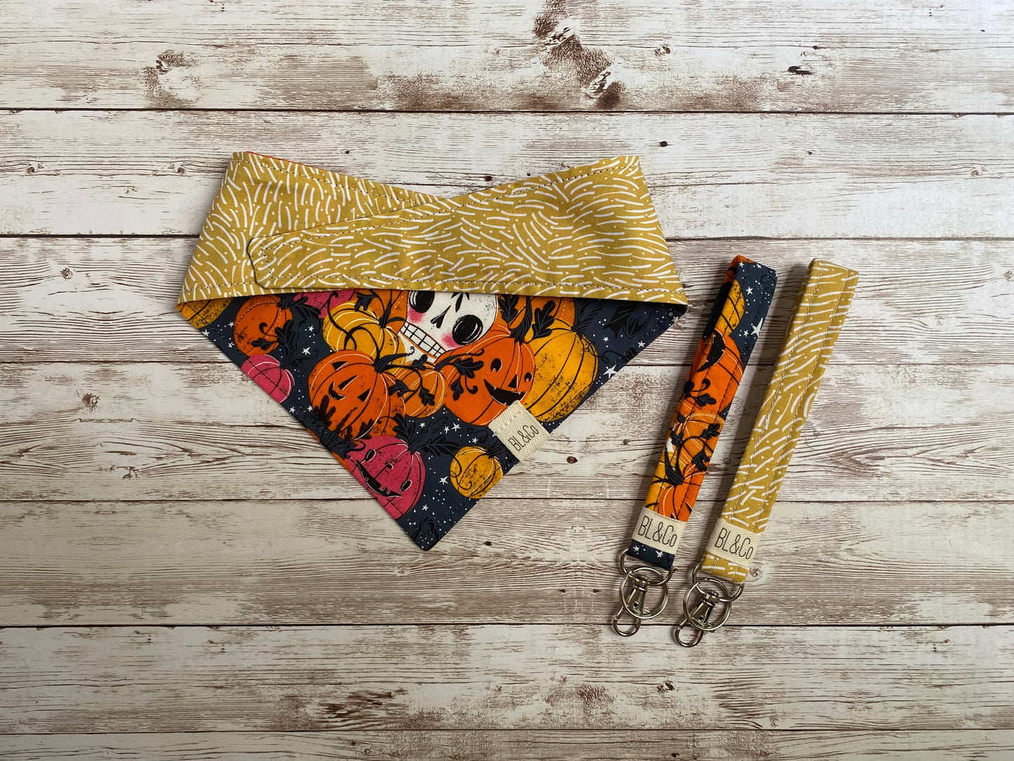 Skulls in Colorful Jack-o-lanterns + White Lines on Yellow Reversible Tie/On Bandana