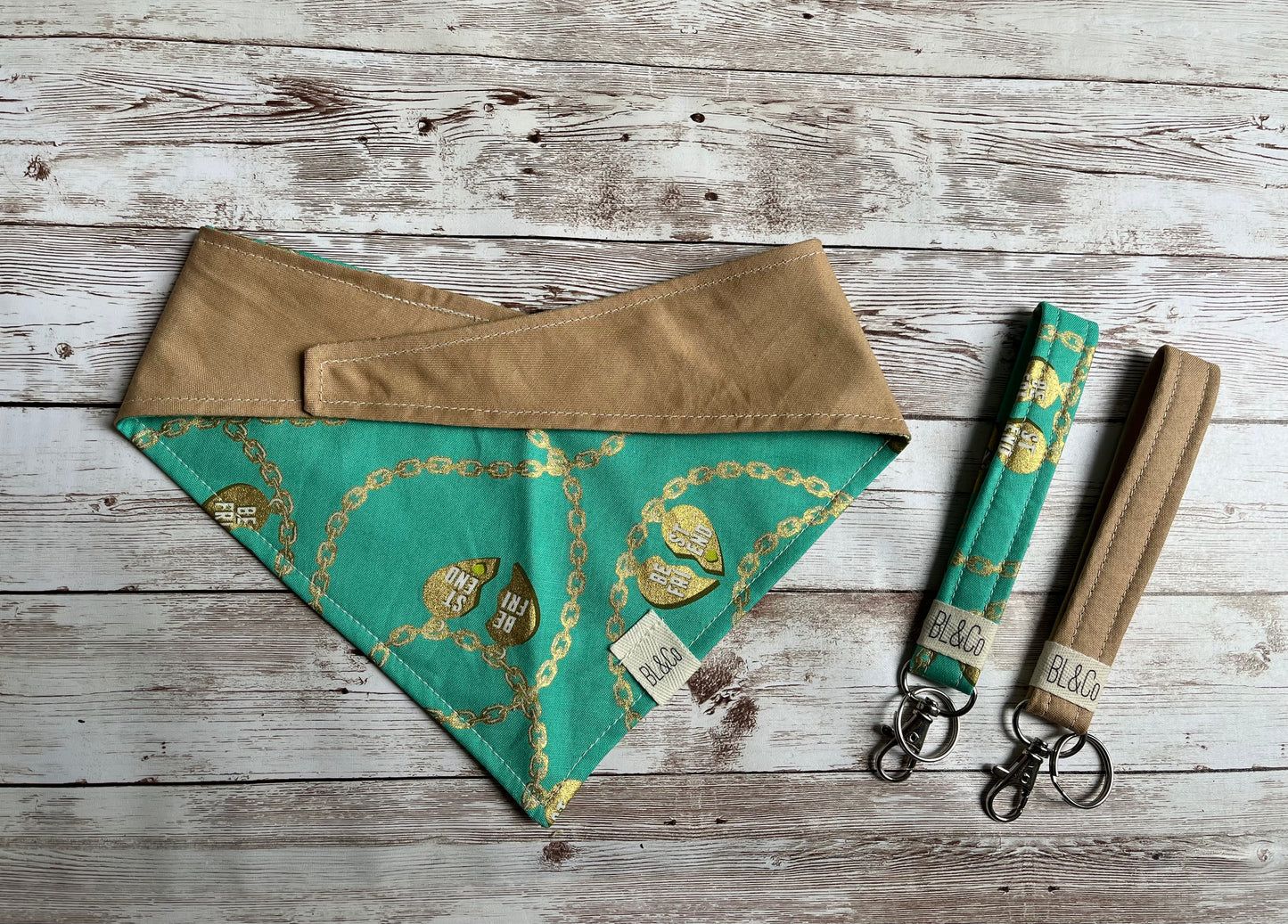 Teal Best Friend Necklace & Tan Reversible Tie/On Bandana