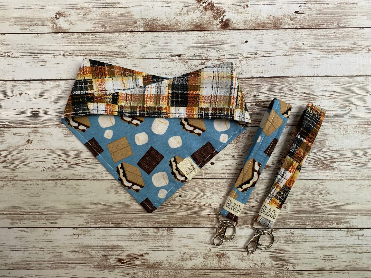 S’Mores + Black, Orange & Gray Plaid Reversible Tie/On Bandana