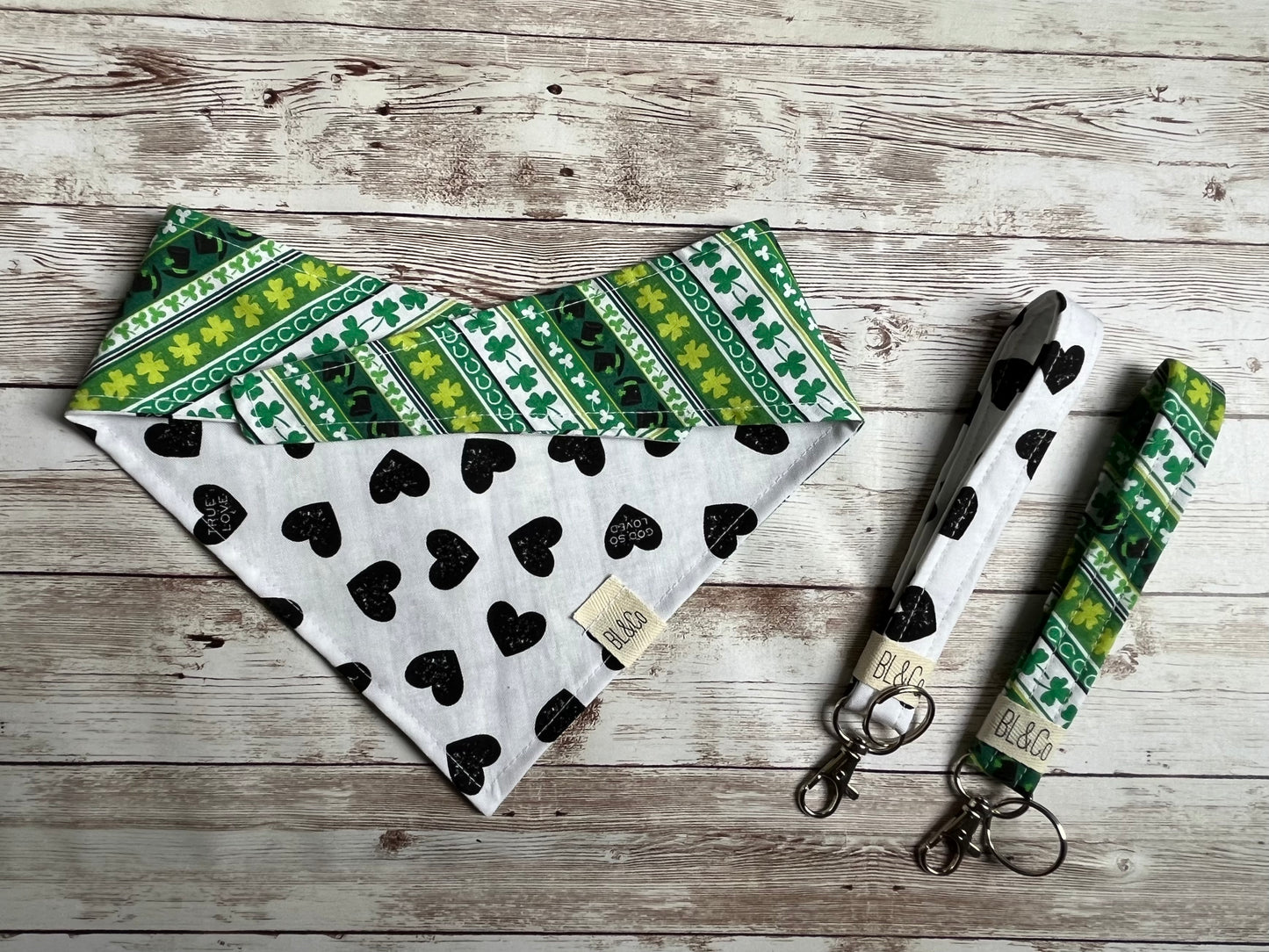 Black Conversation Hearts & Shamrocks Reversible Tie/On Bandana