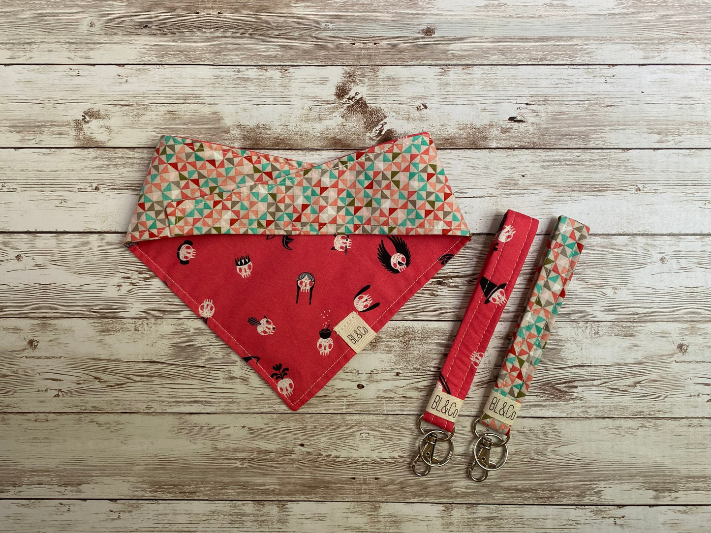 Vibrant Pink with Skulls + Tan, Teal & Pink Geo Reversible Tie/On Bandana*