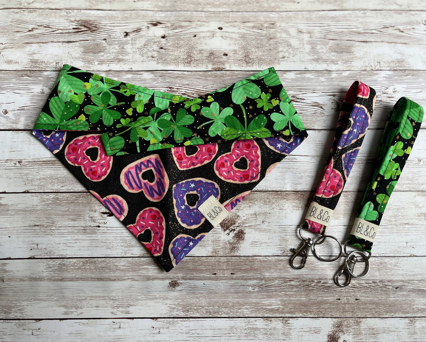 Heart shaped Donuts & Shamrocks Reversible Tie/On Bandana
