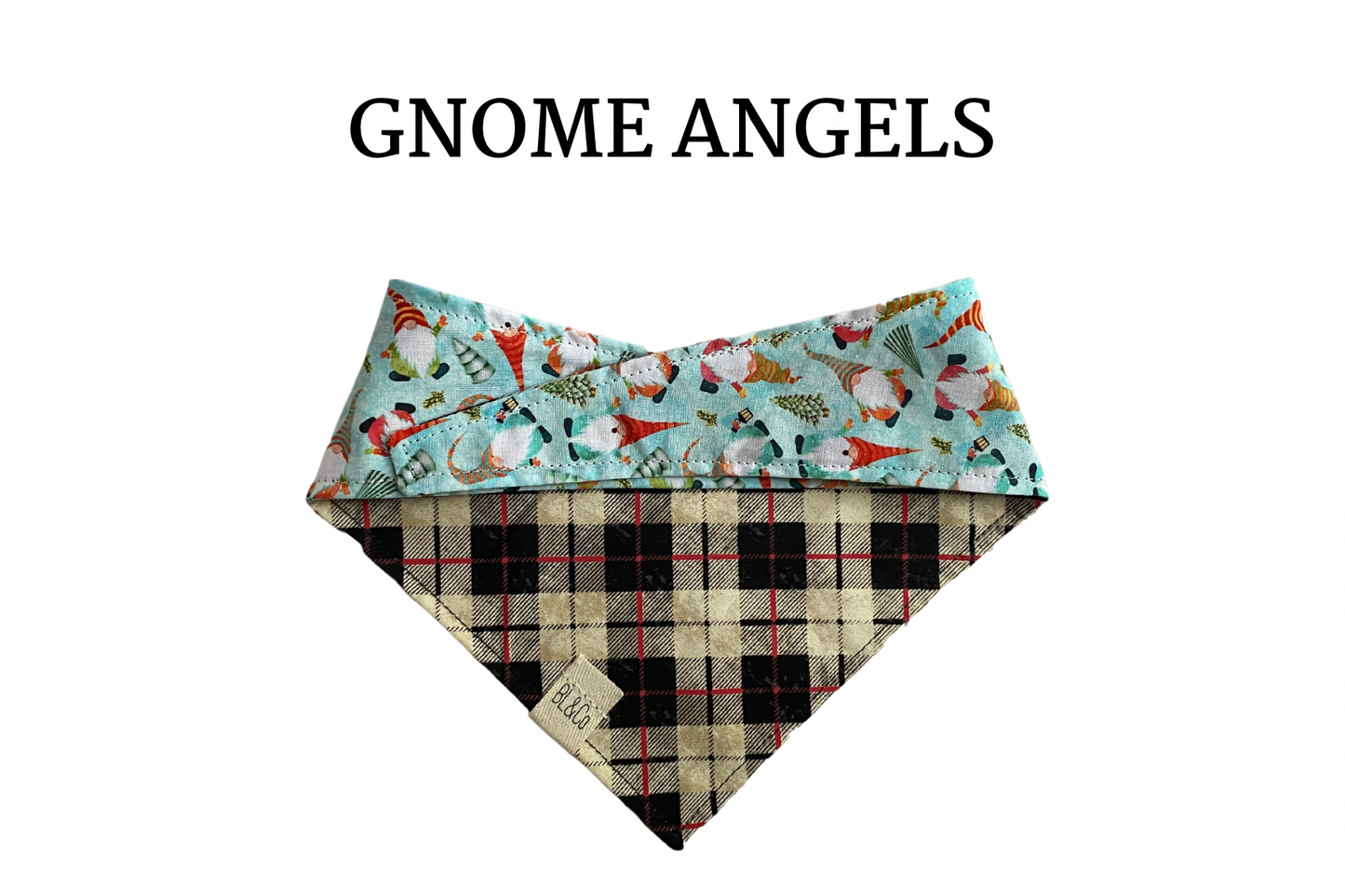 Festive Gnomes + Cream, Black & Red Plaid Reversible Tie/On Bandana