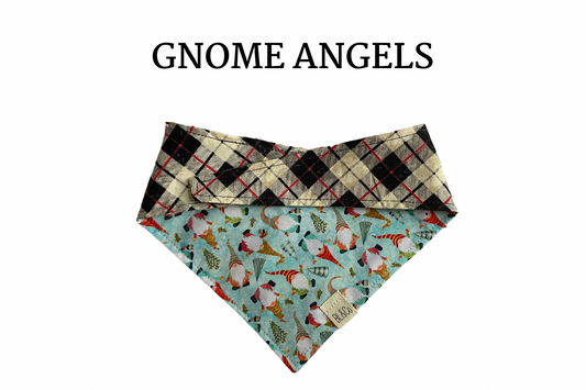 Festive Gnomes + Cream, Black & Red Plaid Reversible Tie/On Bandana
