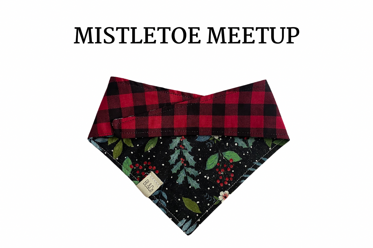 Red & Black Check + Glittered Holly & Leaves Reversible Tie/On Bandana