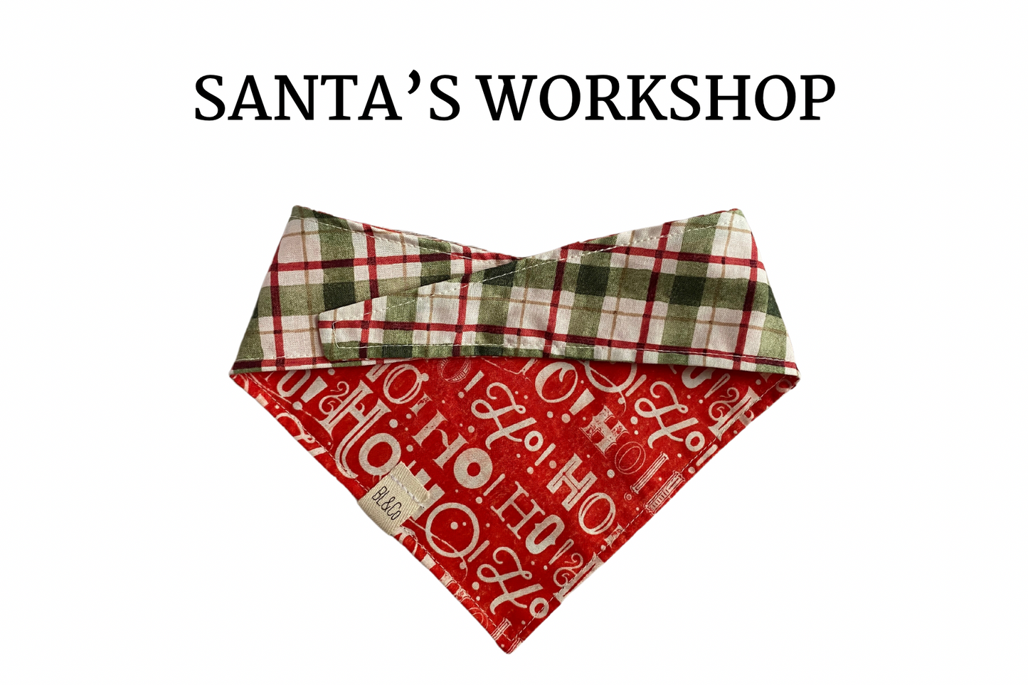 Script Ho Ho Ho + Seasonal Green Plaid Reversible Tie/On Bandana
