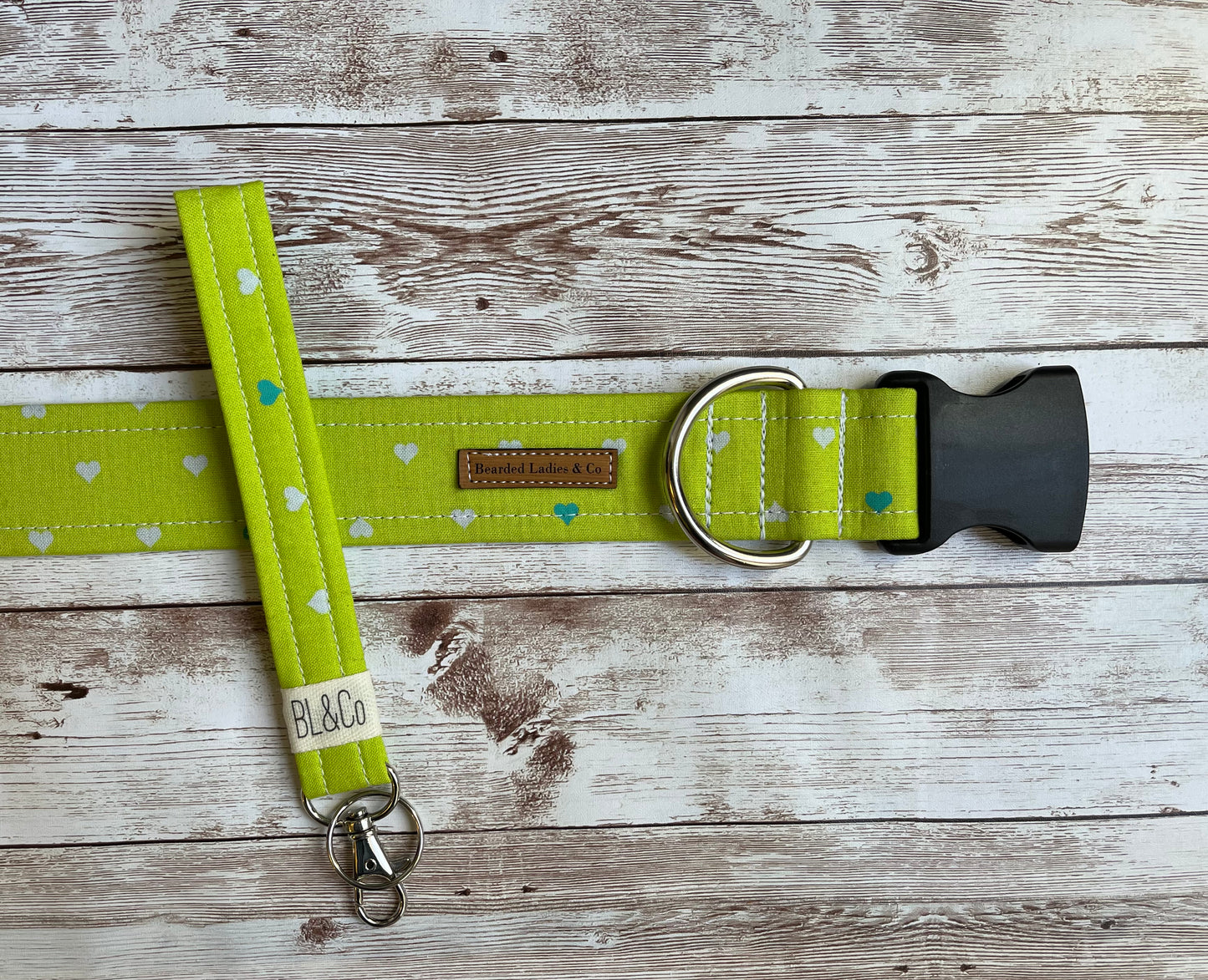 Gray & Teal Hearts on Lime Green Dog Collar