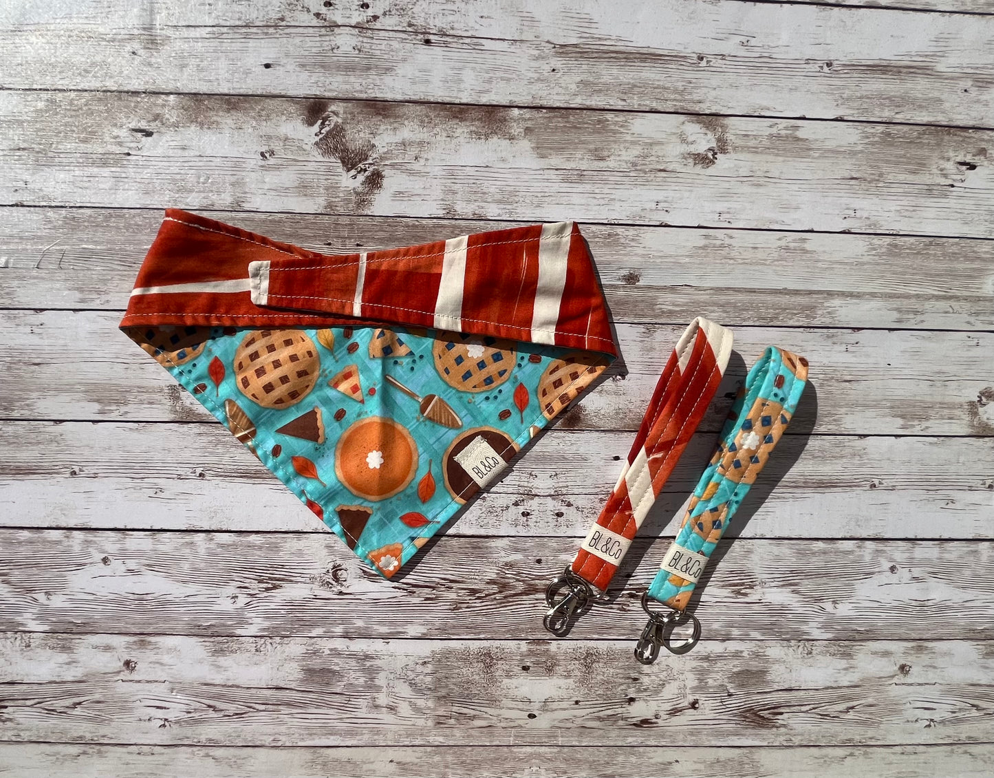 Assorted Pies on Teal + Red Orange Abstract Reversible Tie/On Bandana