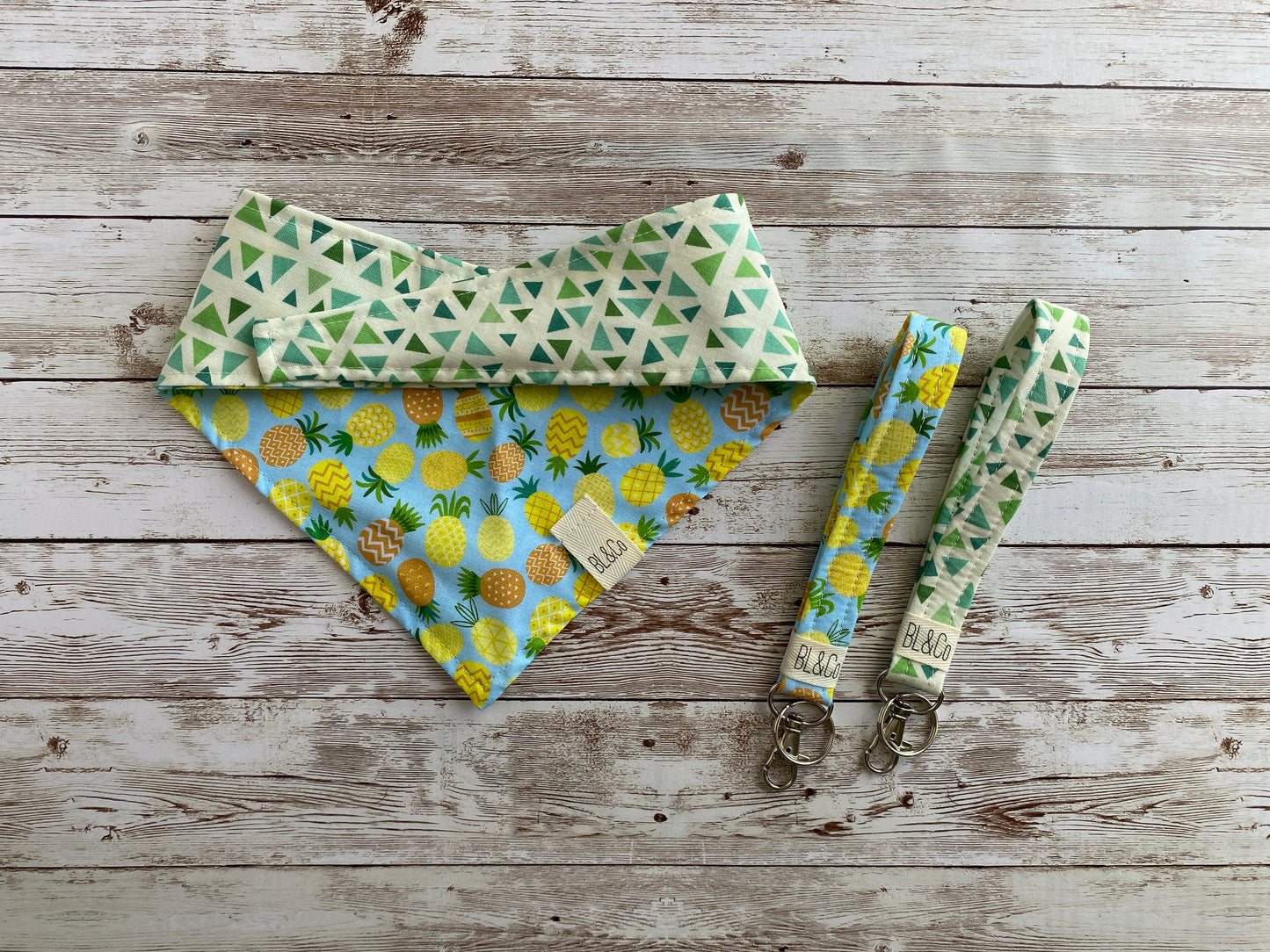 Mini Patterned Pineapples & Green Triangles on Cream Reversible Tie/On Bandana