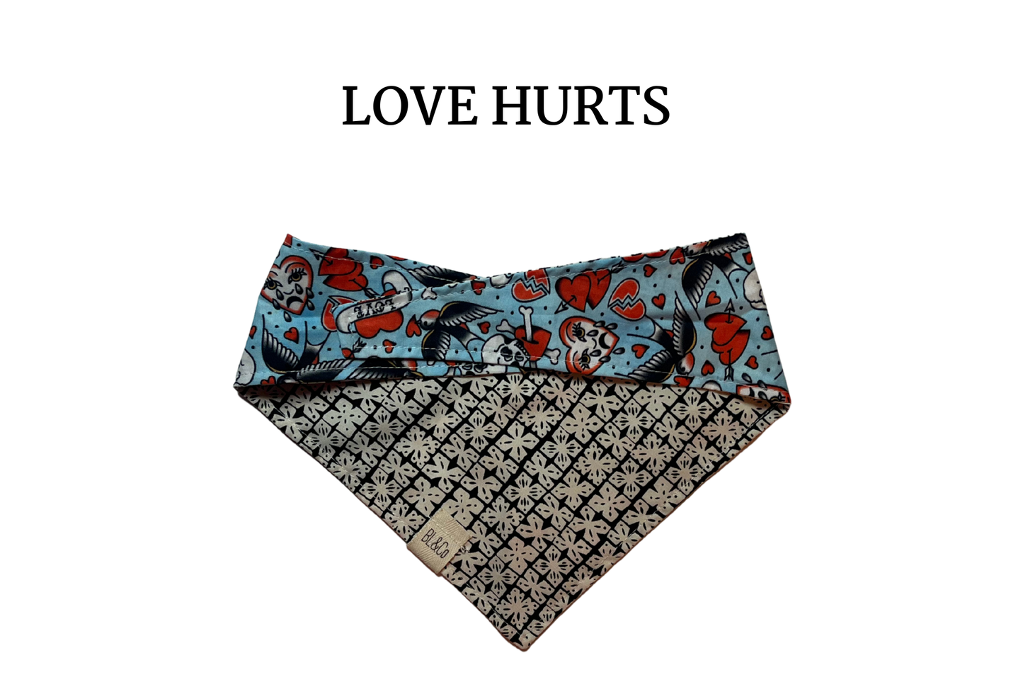 Love Heart Tattoo + Black and White Flora Reversible Tie/On Bandana