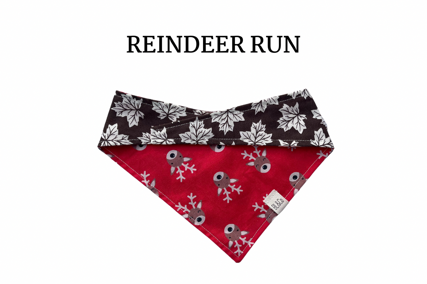 Reindeer Heads + Cream Leaves Reversible Tie/On Bandana with matching key fob add-on