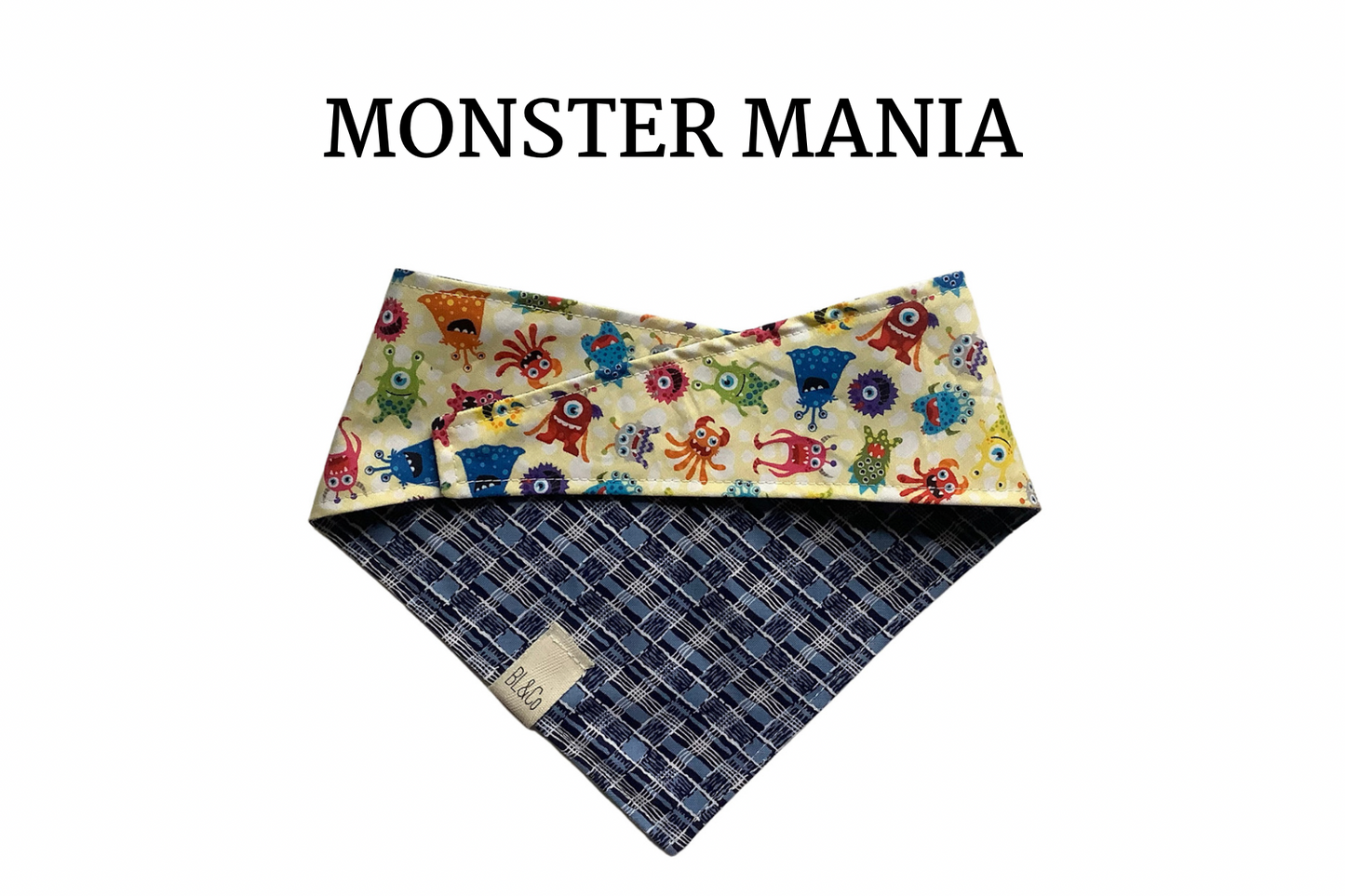 Silly Monsters & Blue with White Plaid Reversible Tie/On Bandana