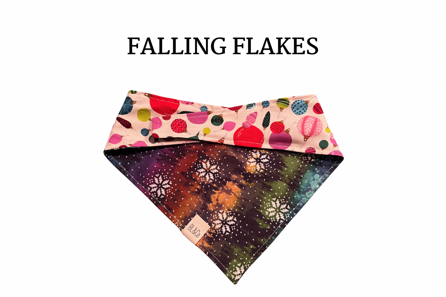 Snowflakes on Tie Dye + Colorful Ornaments Reversible Tie/On Bandana