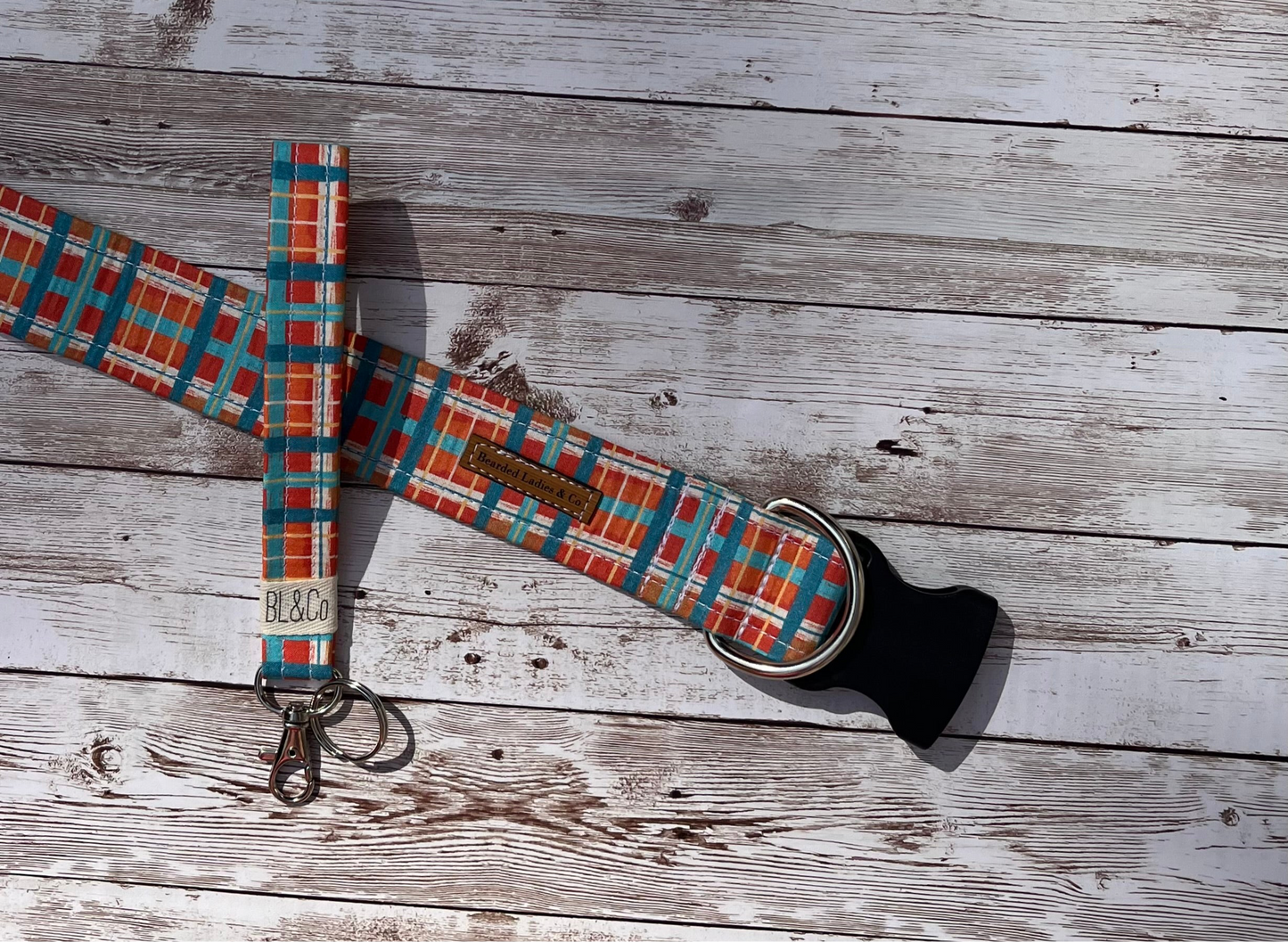 Orange, Blue + Cream Plaid Dog Collar