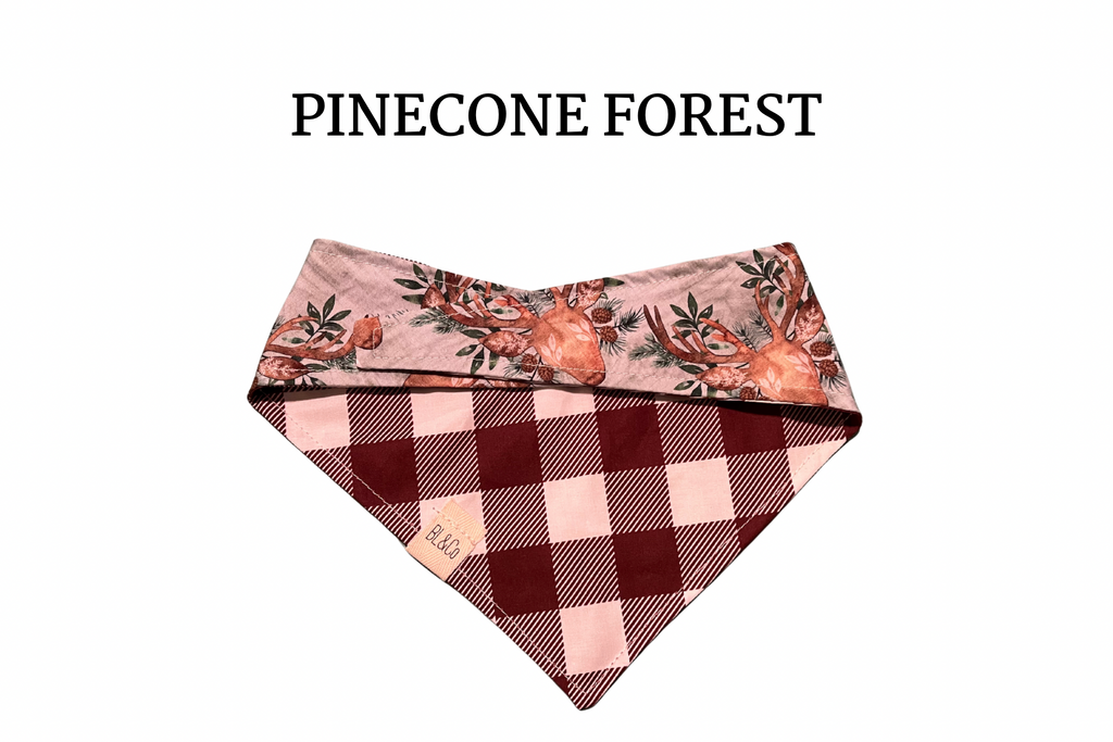 Festive Deer + Burgundy Plaid Reversible Tie/On Bandana