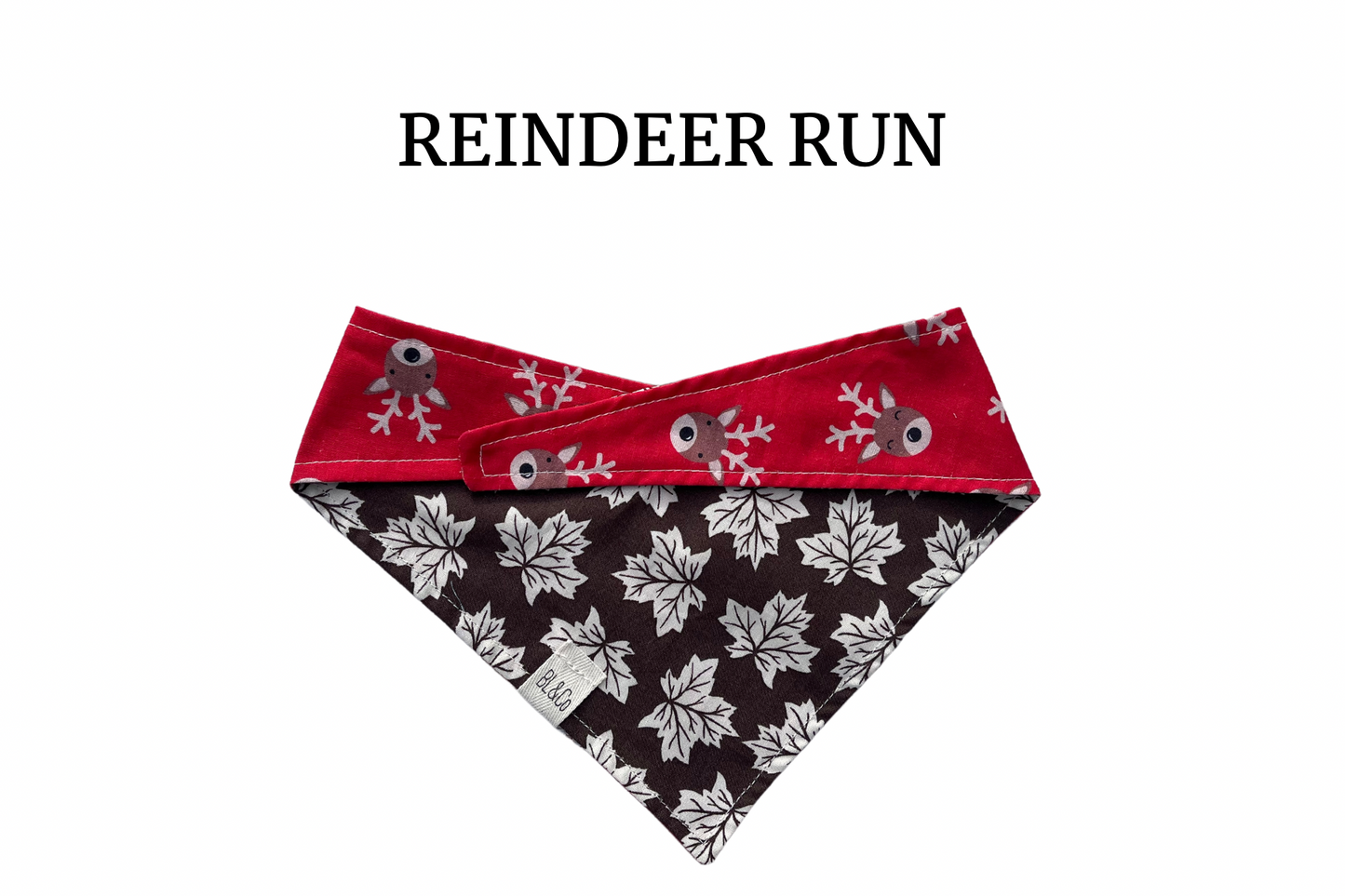 Reindeer Heads + Cream Leaves Reversible Tie/On Bandana with matching key fob add-on