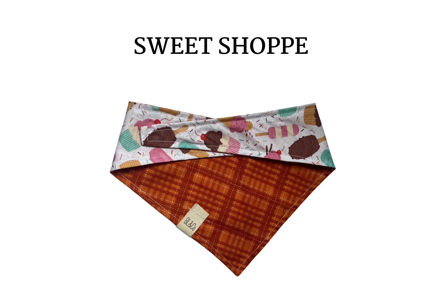 Tossed Ice Cream Cones & Orange Plaid Reversible Tie/On Bandana’
