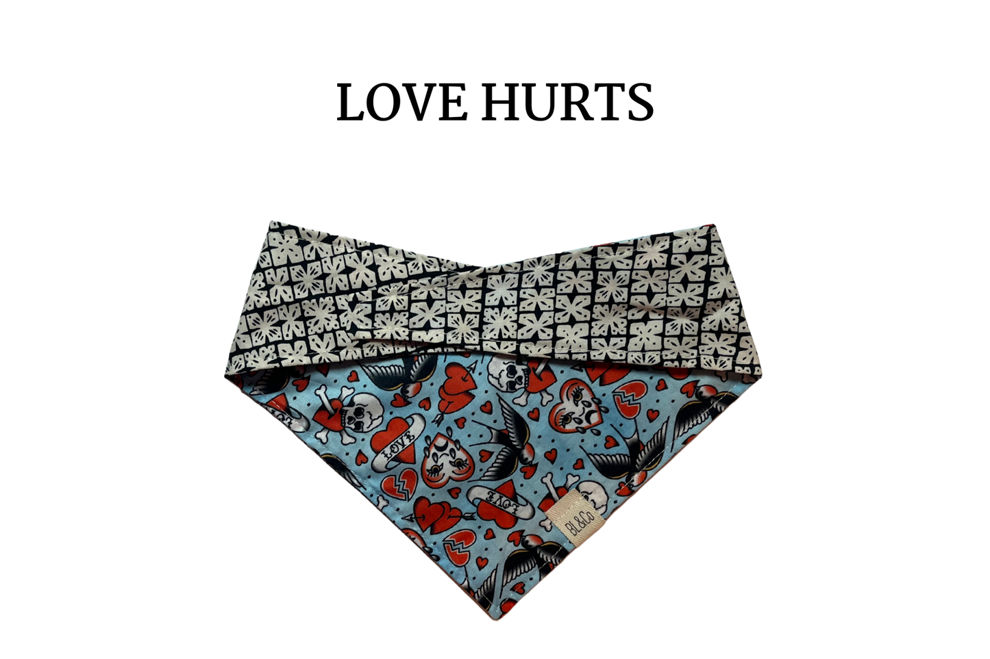 Love Heart Tattoo + Black and White Flora Reversible Tie/On Bandana