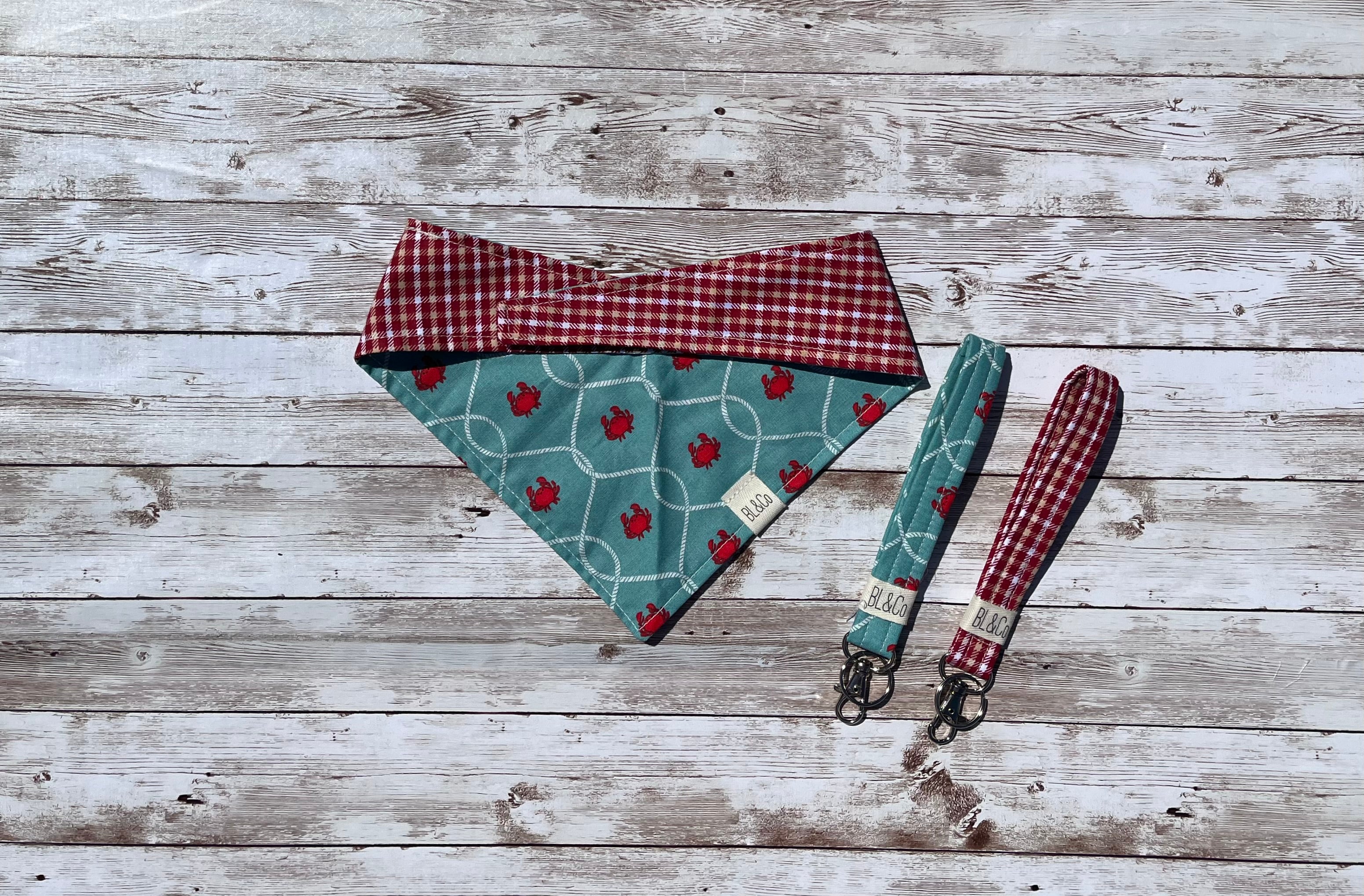 Crabs + Red, White Plaid Reversible Tie/On Bandana ‘