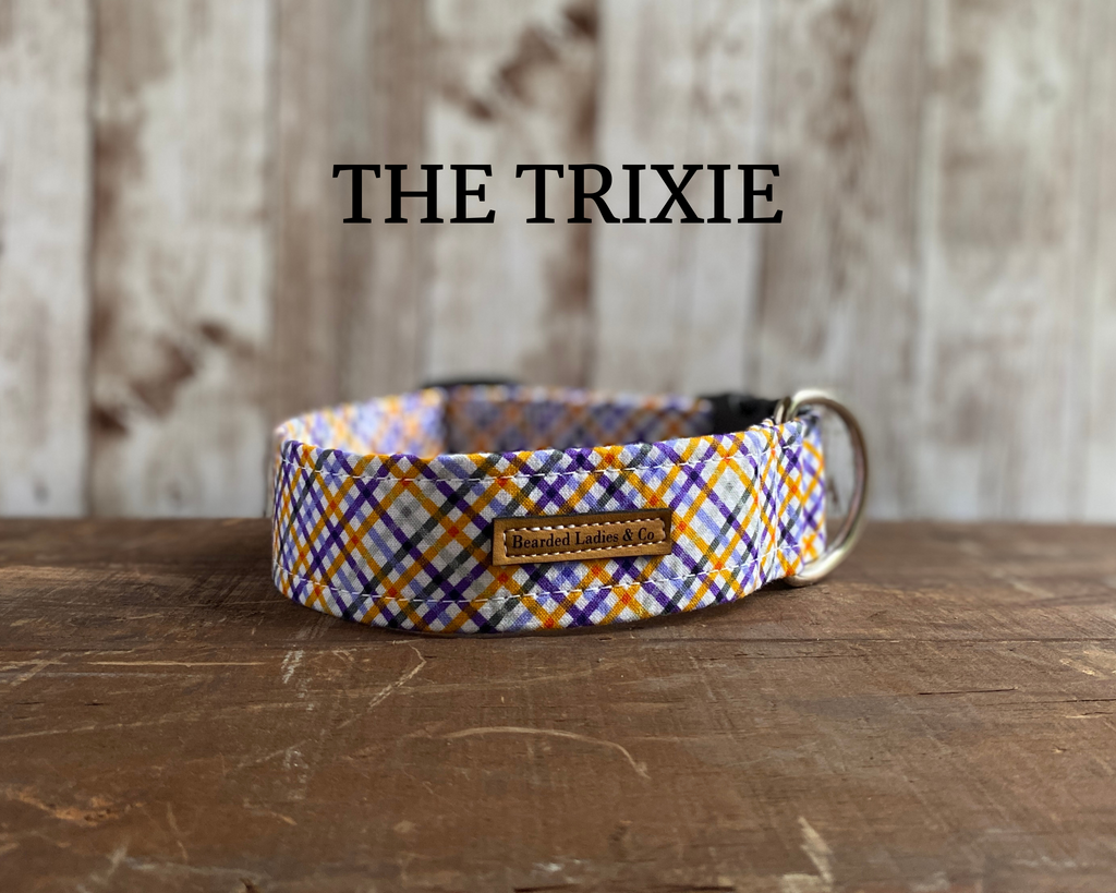 Purple, Orange + Gray Plaid Dog Collar [The Trixie]