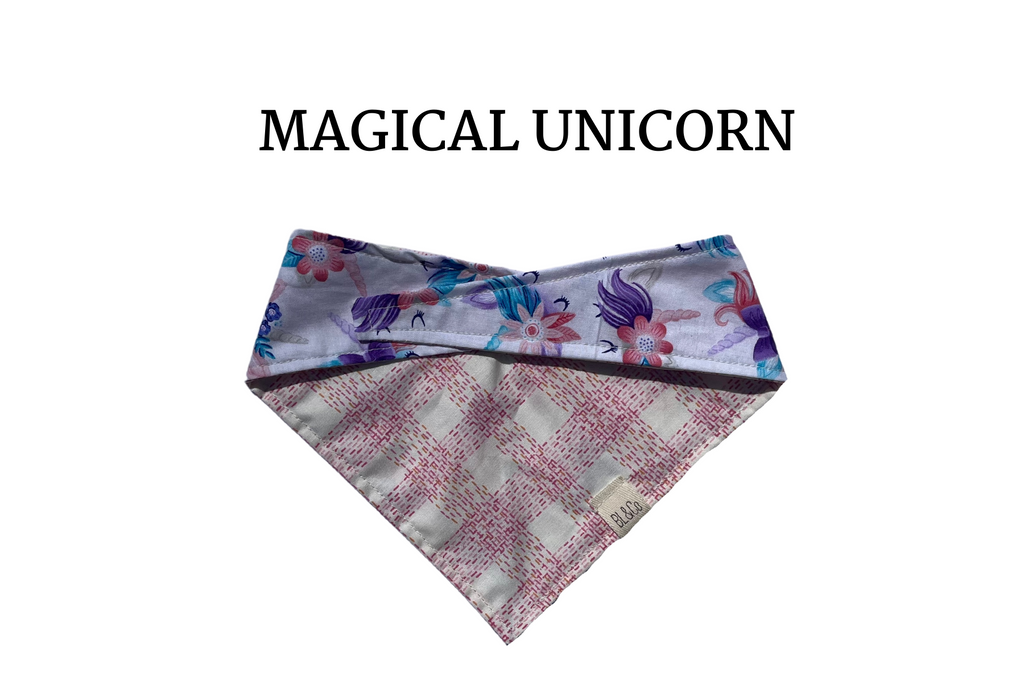 Sketched Pink Plaid + Floral Unicorns Reversible Tie/On Bandana