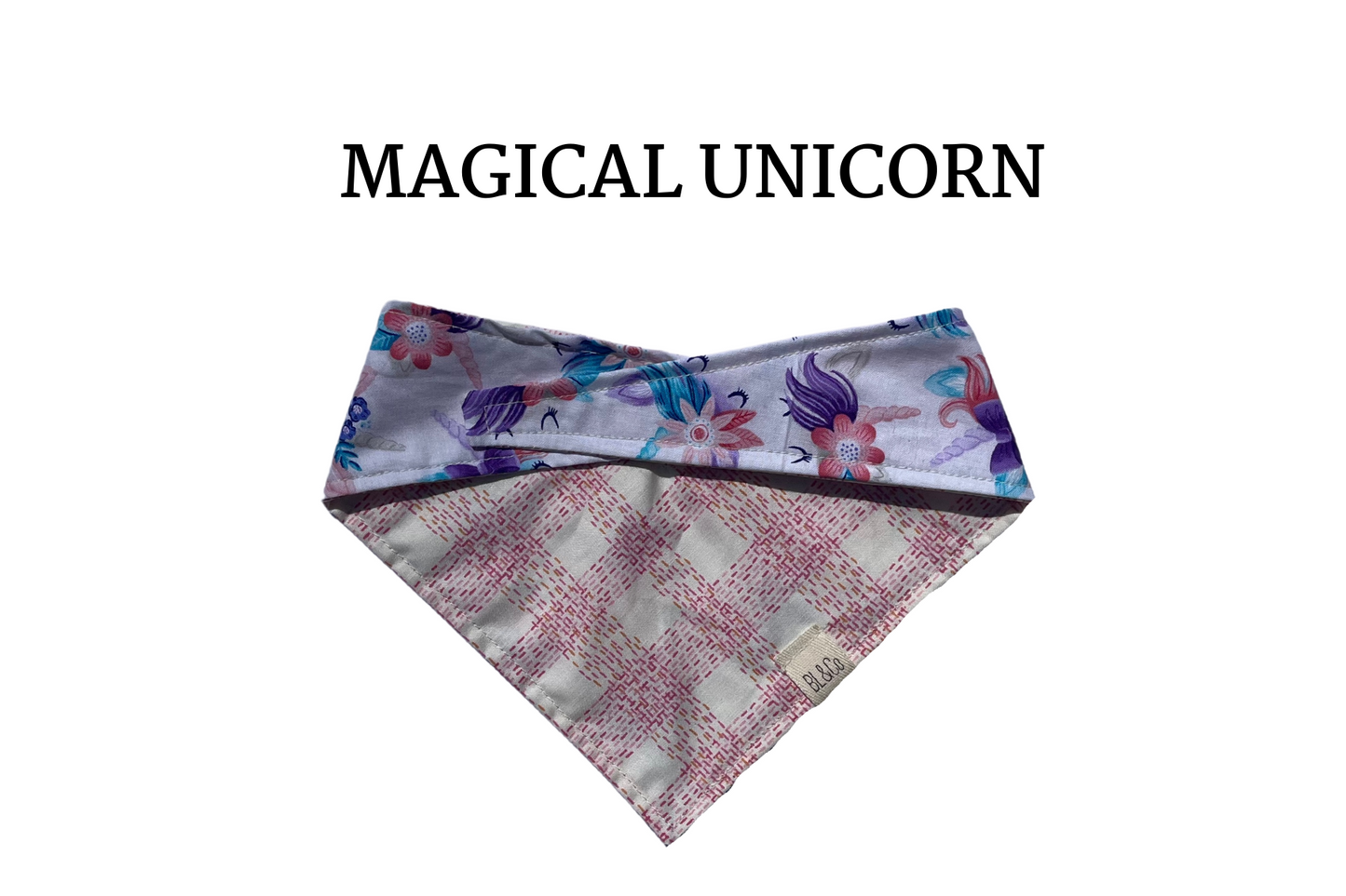 Sketched Pink Plaid + Floral Unicorns Reversible Tie/On Bandana