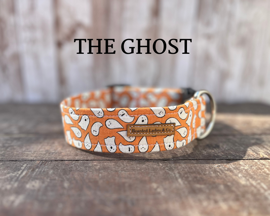 Floating Ghosts on Orange Dog Collar with matching leash + key fob options