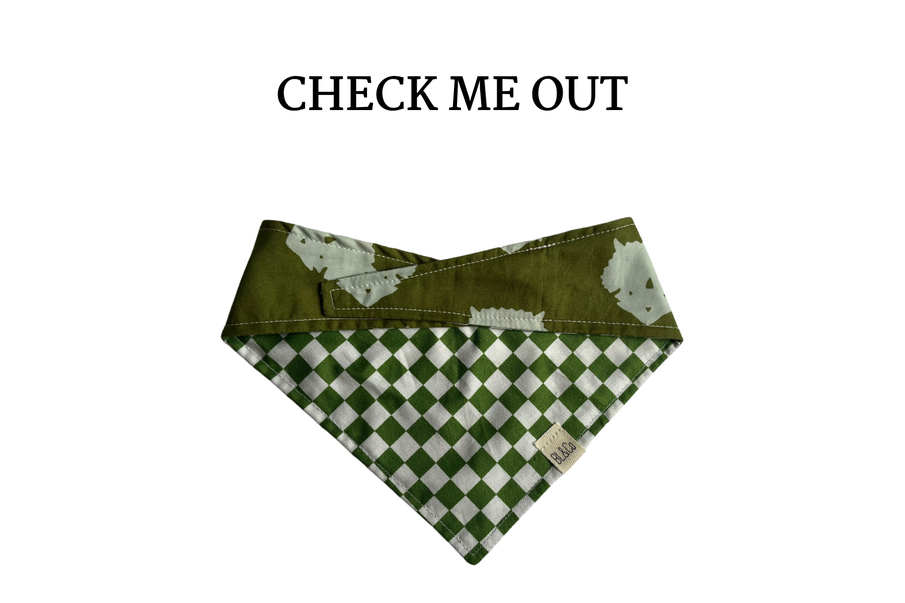 Olive Green Check + Triceratops Reversible Tie/On Bandana **