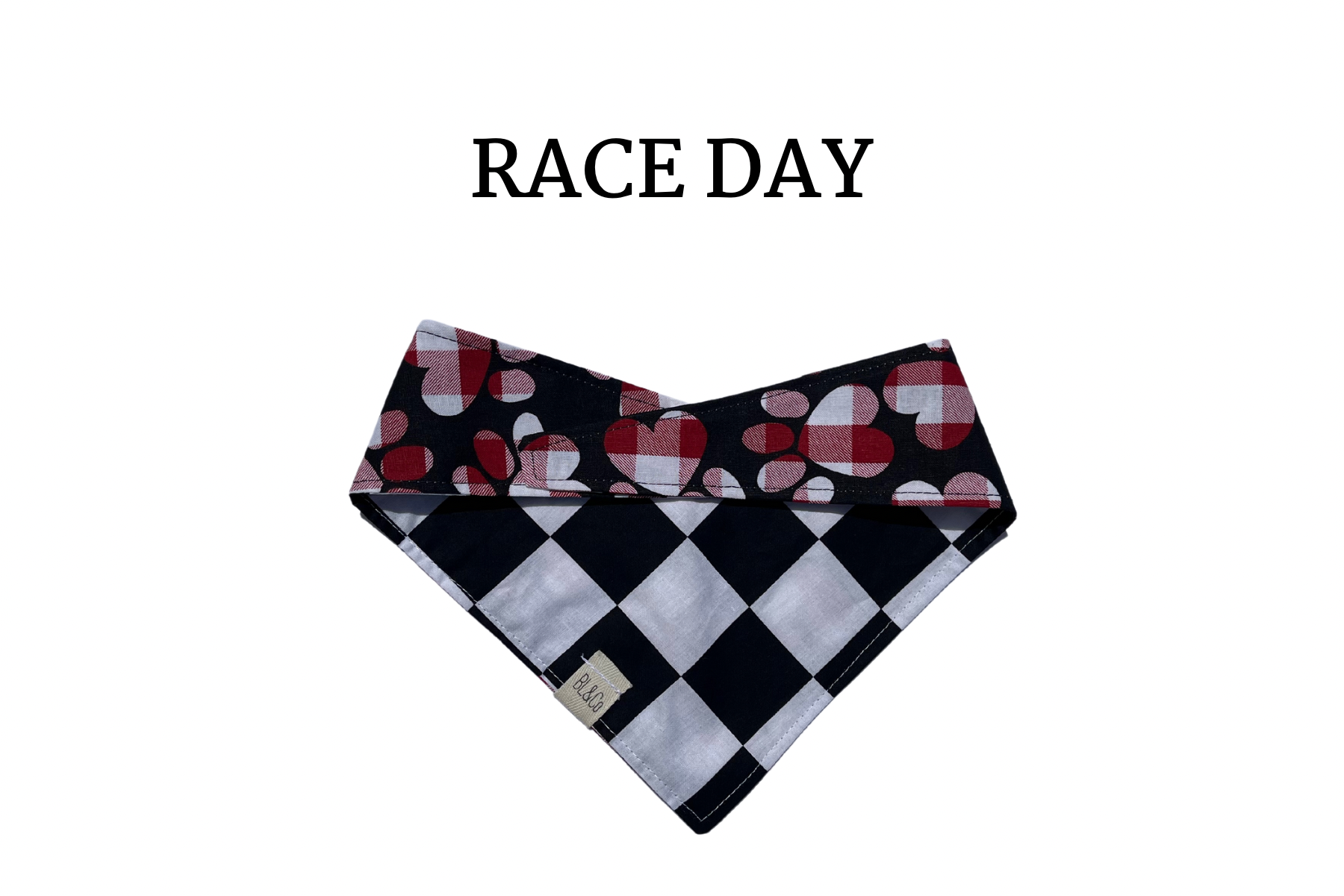 Black & White Checks + Checkered Paw Prints Reversible Tie/On Bandana