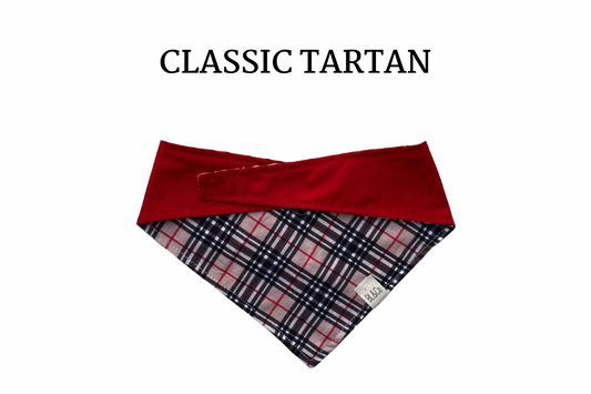 Tan Tartan Plaid + Red Reversible Tie/On Bandana with matching key fob add-on