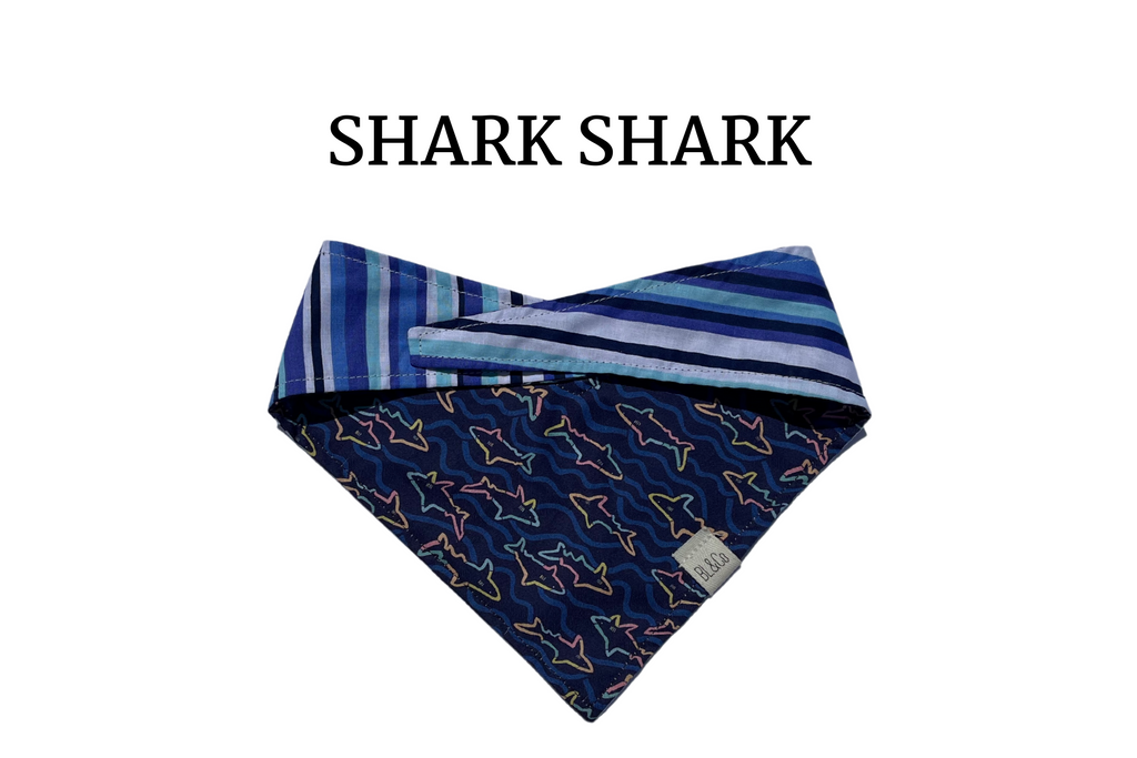 Colorful Sharks + Blue, Teal & White Stripes Reversible Tie/On Bandana