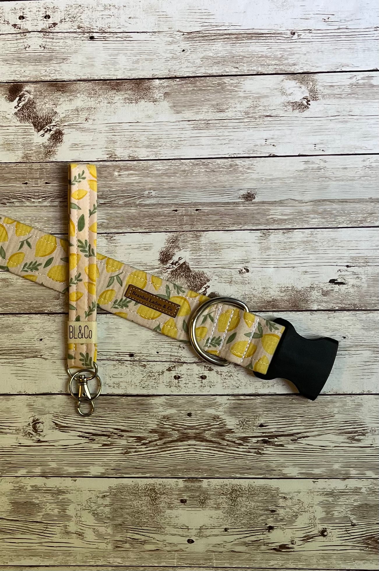 Neutral Lemon Dog Collar with matching leash + key fob add-ons