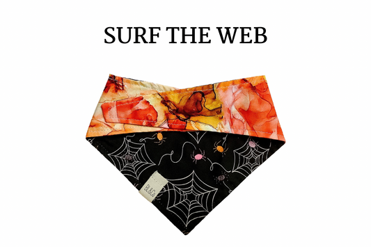 Webs & Spider on Black and Vibrant Orange Swirl Reversible Tie/On Bandana