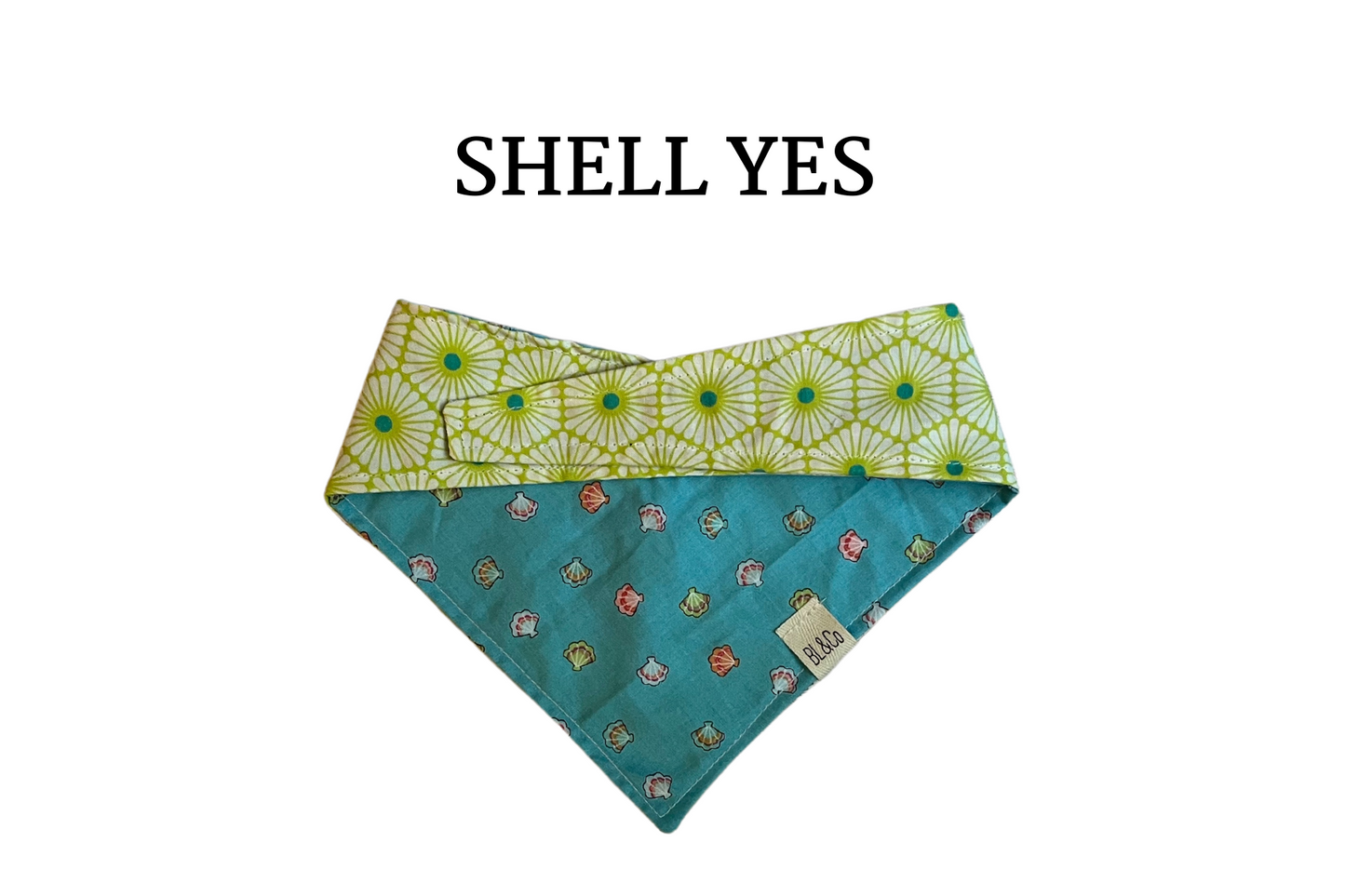 Mini Seashells + Bright Green & Teal Bursts Reversible Tie/On Bandana