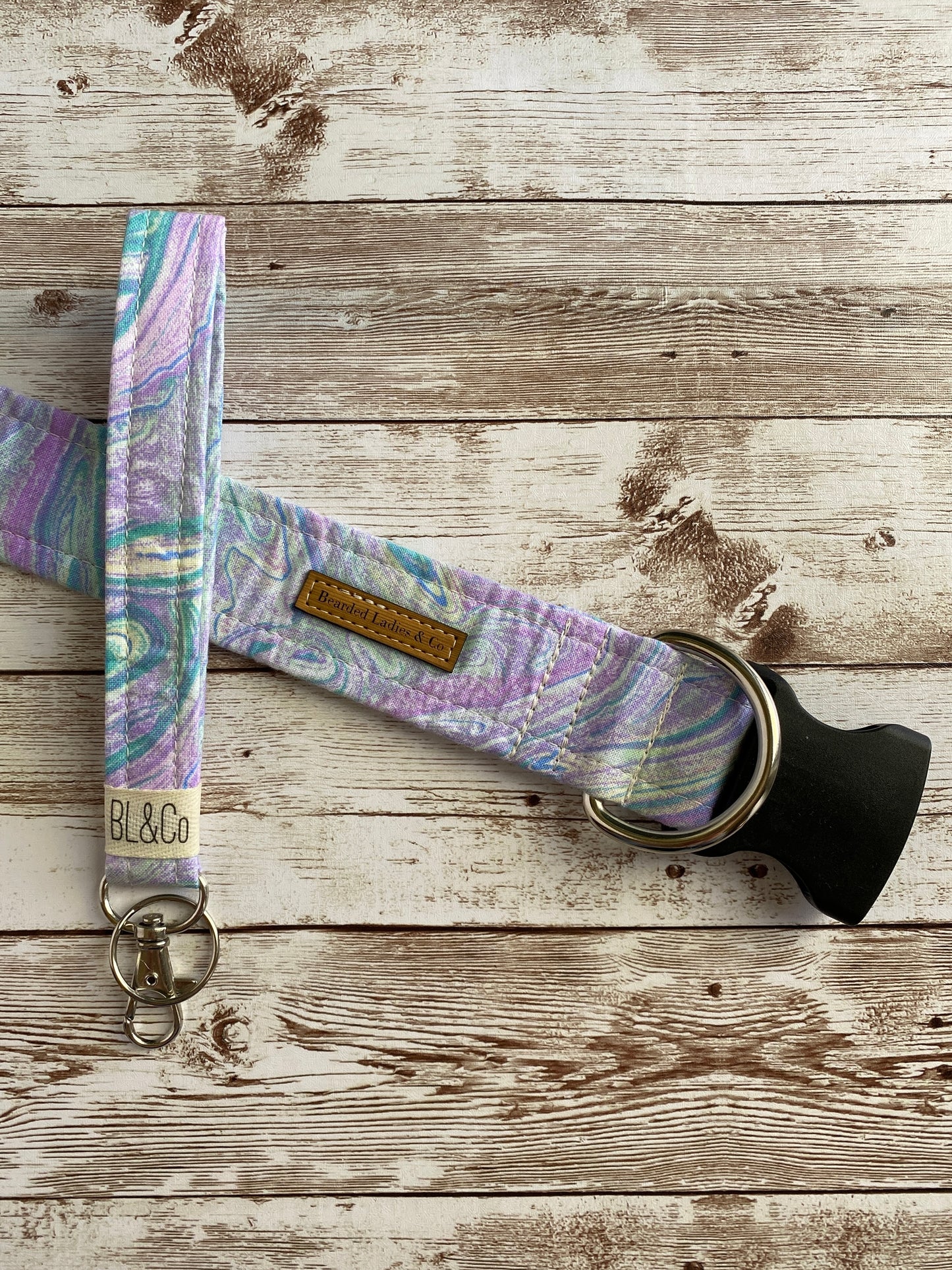 Pastel Purple + Teal Dog Collar with matching leash + key fob