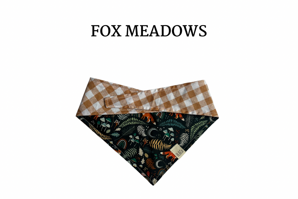 Foxes, Mushrooms & Leaves + Nutmeg Plaid Reversible Tie/On Bandana ‘