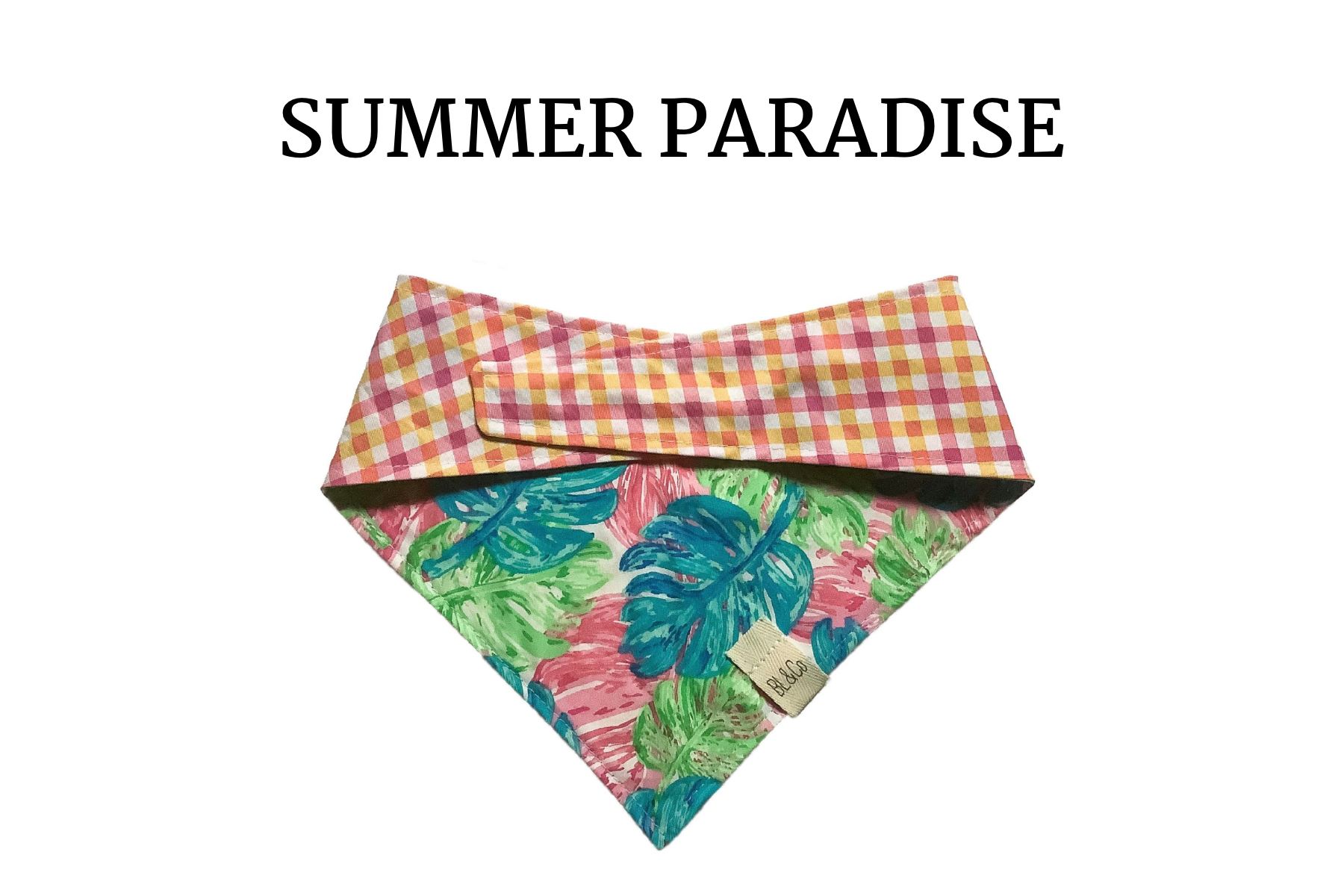 Pink Plaid & Tropical Leaves Reversible Tie/On Bandana